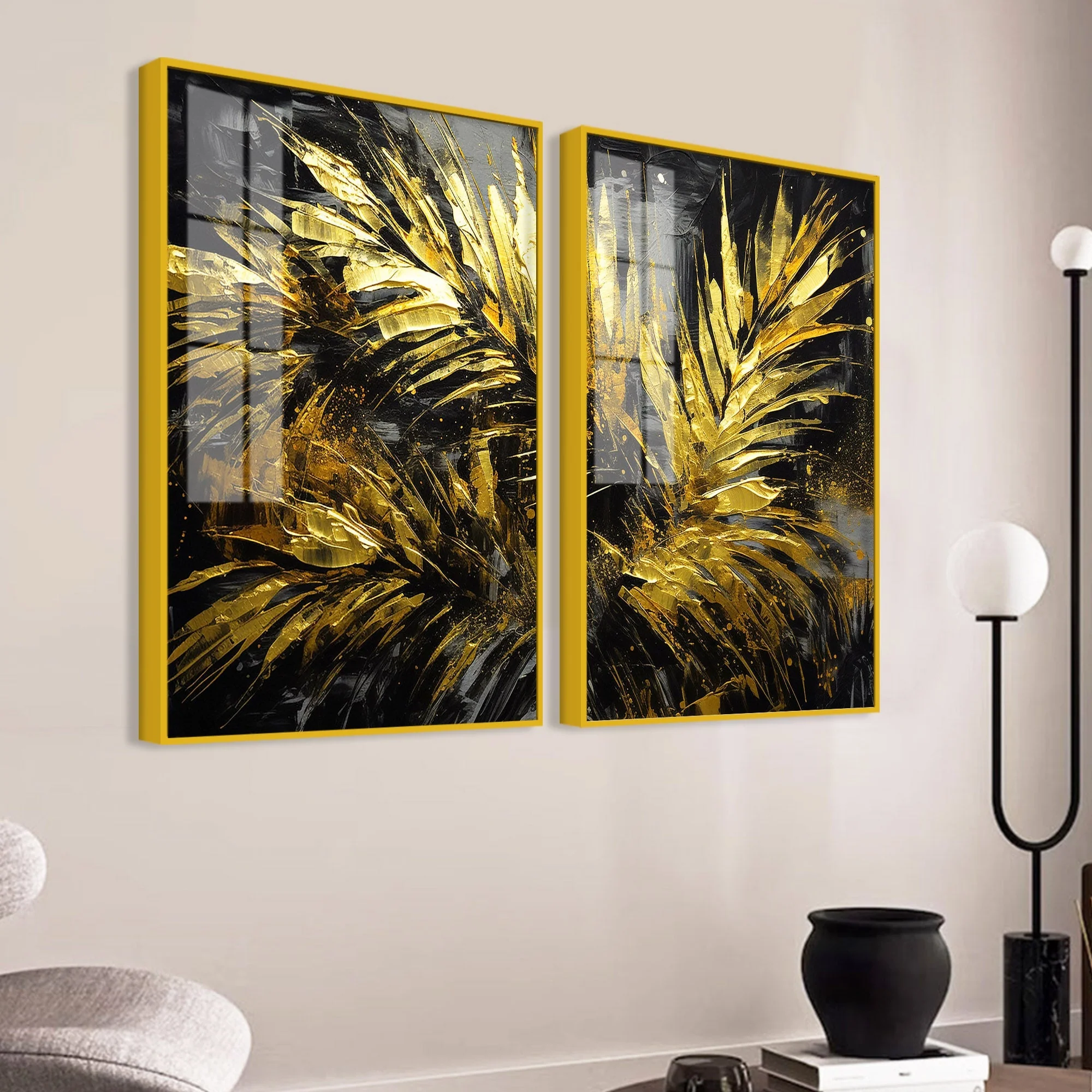 Premium Black and Shiny Gold Palm Leaves Acrylic Floating Wall Painting Set Of 2 - Image 3