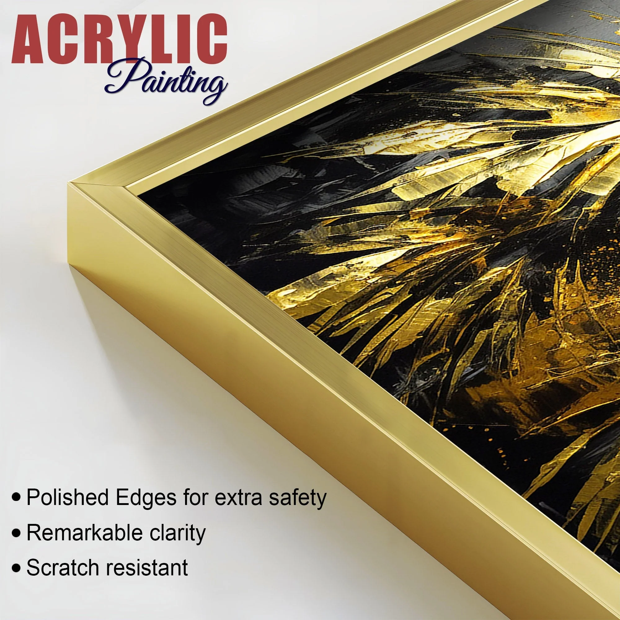 Premium Black and Shiny Gold Palm Leaves Acrylic Floating Wall Painting Set Of 2 - Image 4