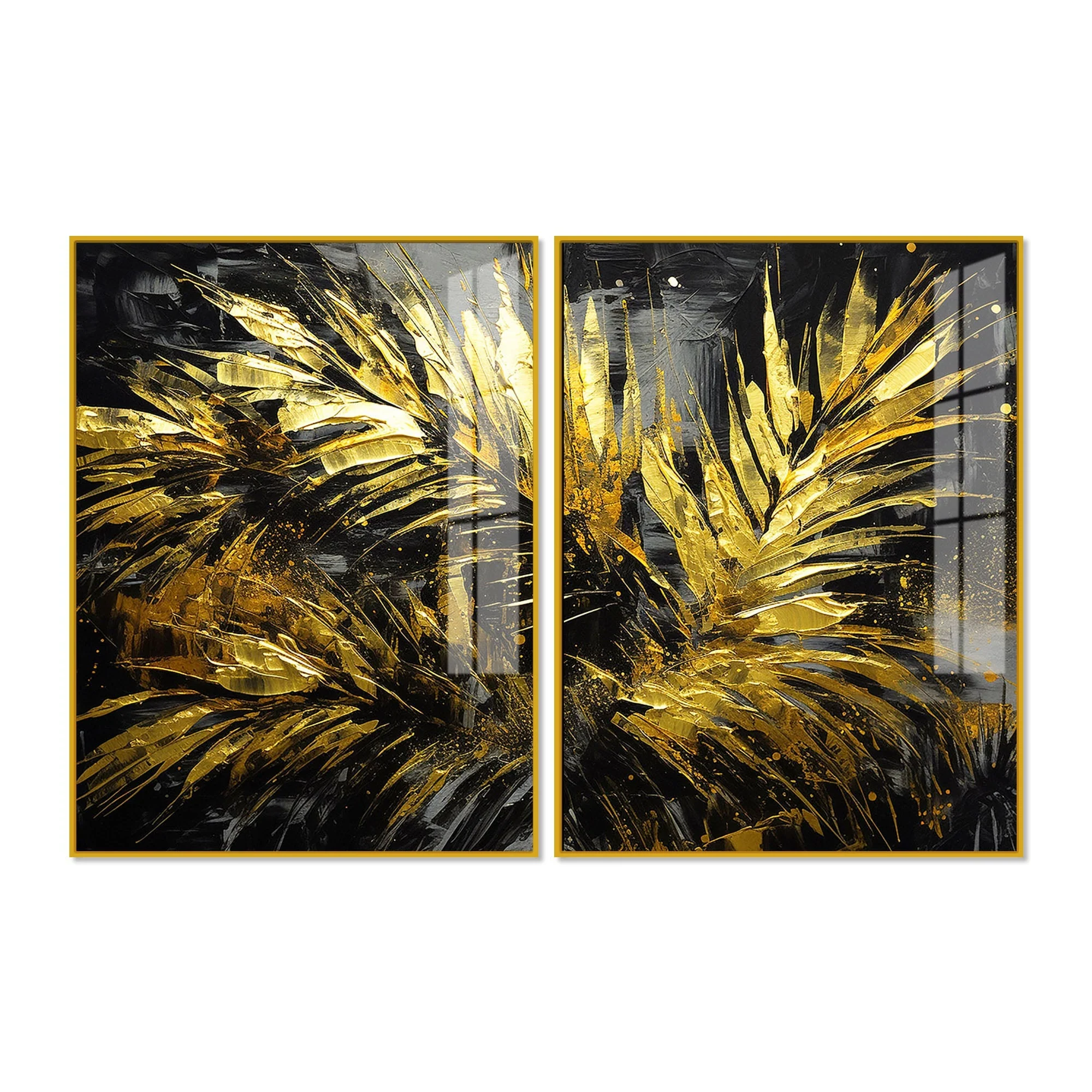 Premium Black and Shiny Gold Palm Leaves Acrylic Floating Wall Painting Set Of 2 - Image 5