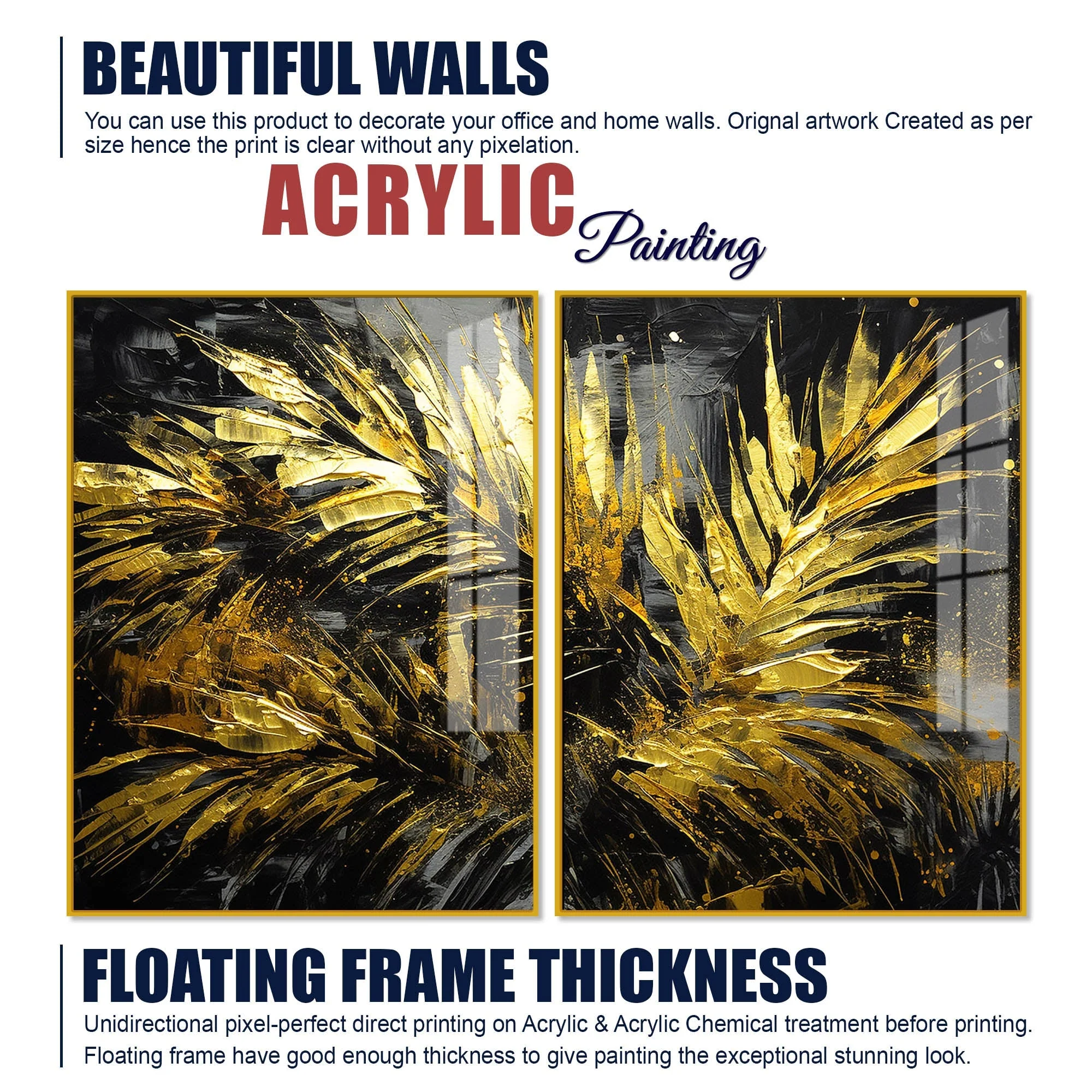 Premium Black and Shiny Gold Palm Leaves Acrylic Floating Wall Painting Set Of 2 - Image 6