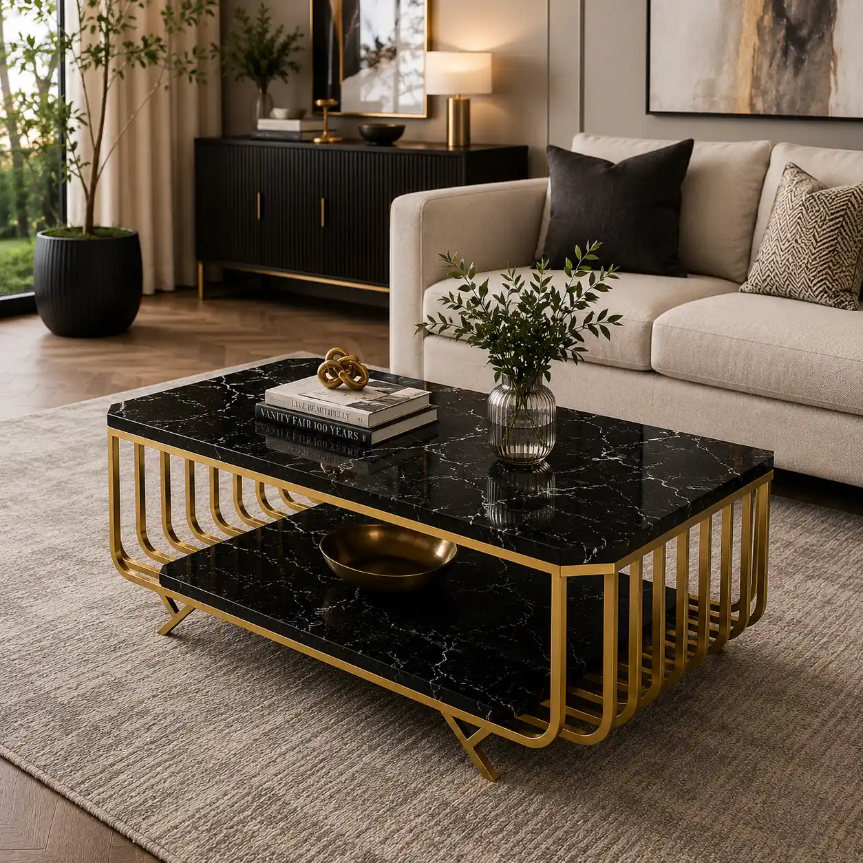 Premium Black Marble Top Center Table With Storage - Image 3