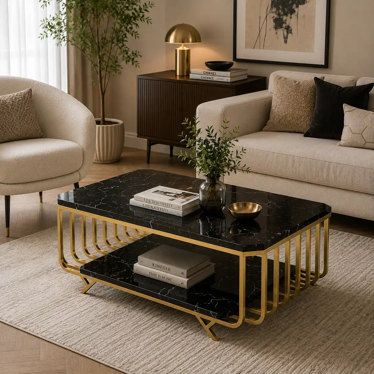 Premium Black Marble Top Center Table With Storage - Image 4