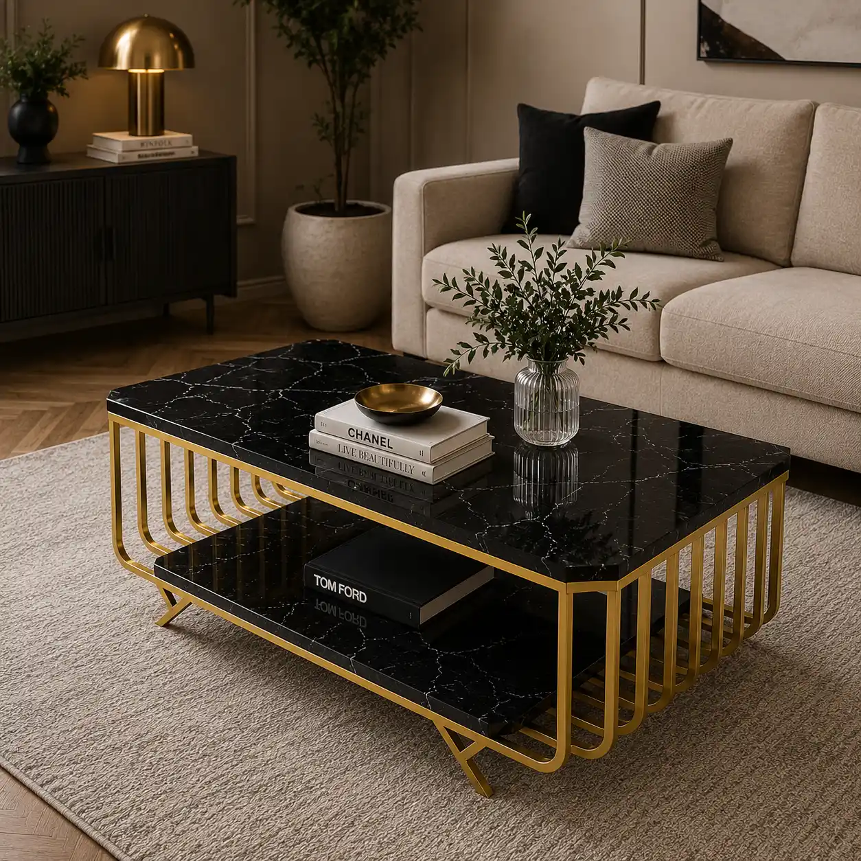 Premium Black Marble Top Center Table With Storage - Image 5