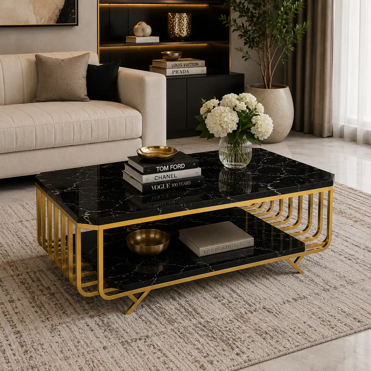 Premium Black Marble Top Center Table With Storage - Image 6