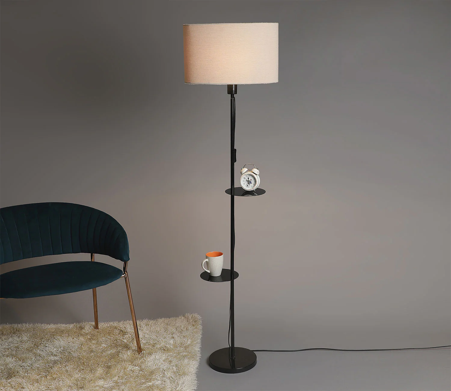 Premium Black Metal Finish Beige Color Floor Lamp with 2 Storage Shelf - Image 2