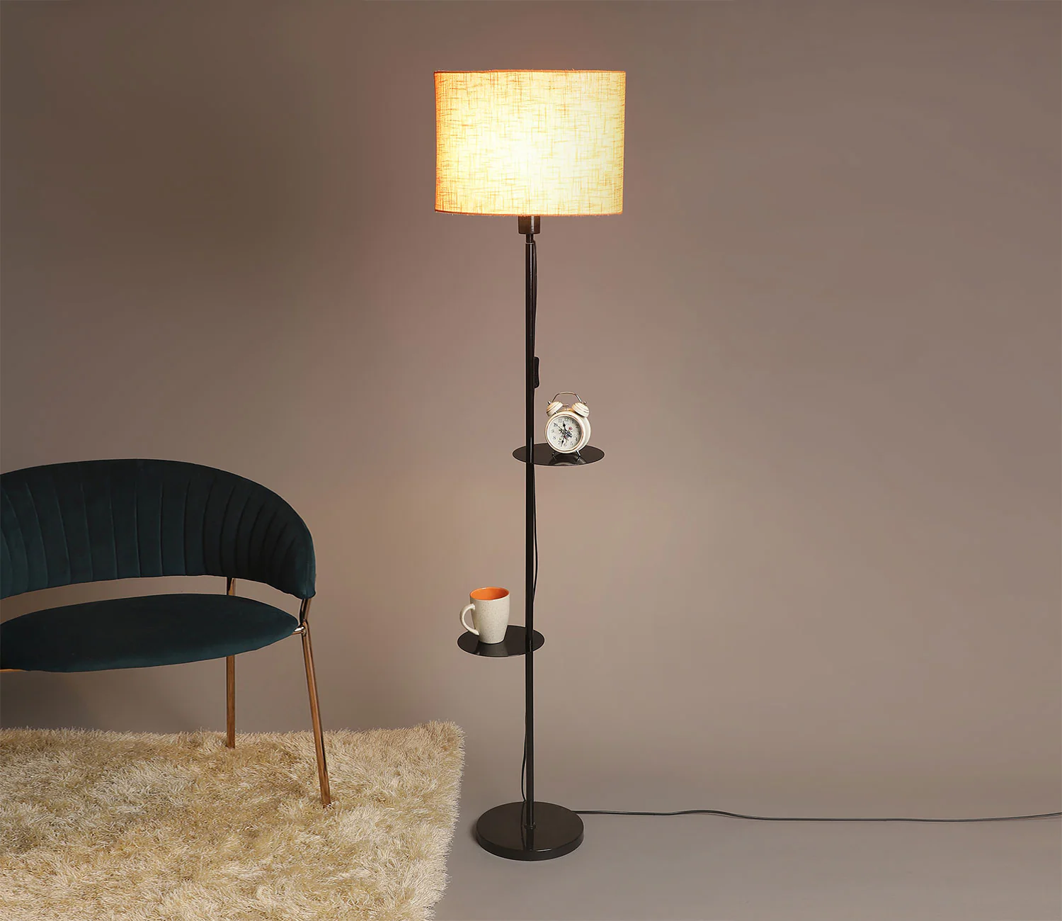 Premium Black Metal Finish Orange Color Floor Lamp with 2 Storage Shelf - Image 2