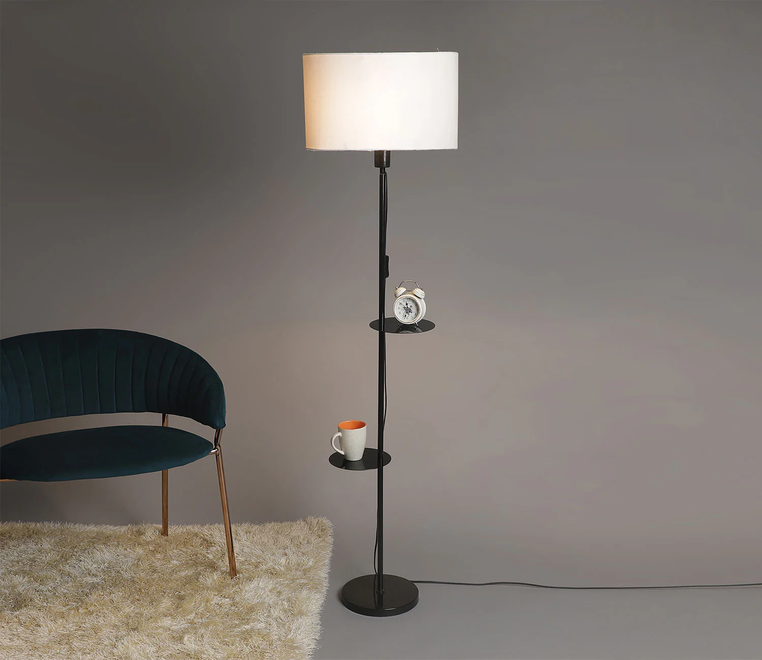Premium Black Metal Finish White Color Floor Lamp with 2 Storage Shelf - Image 2