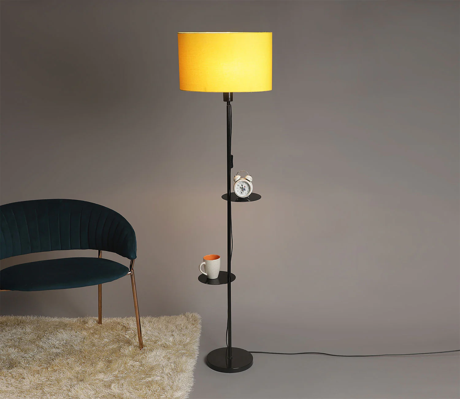 Premium Black Metal Finish Yellow Color Floor Lamp with 2 Storage Shelf - Image 2