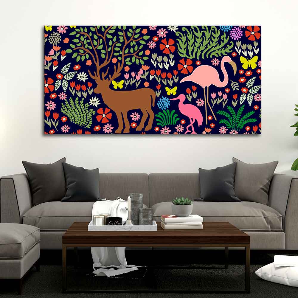 Premium Canvas Folk Art Painting of Animals in Dark Forest - Image 2