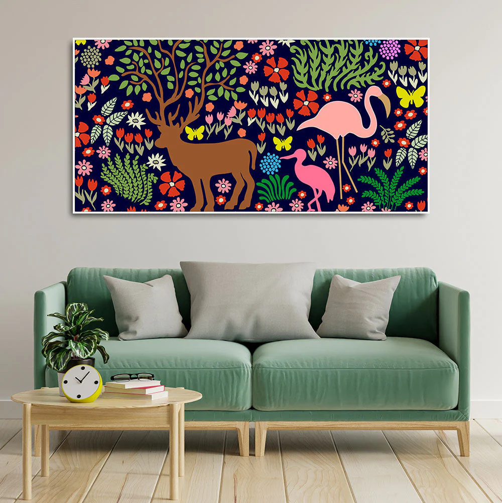 Premium Canvas Folk Art Painting of Animals in Dark Forest - Image 3