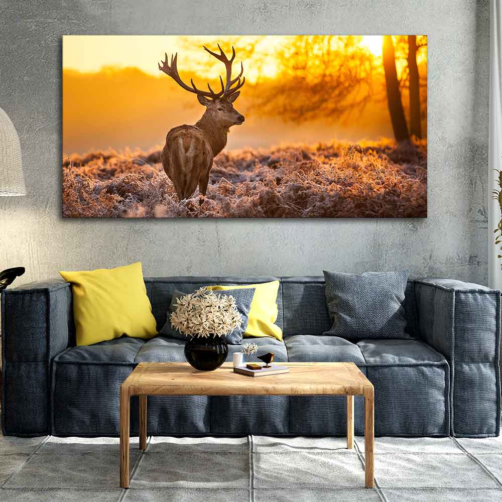 Premium Canvas Painting of Red Deer in Forest at Sunrise - Image 2