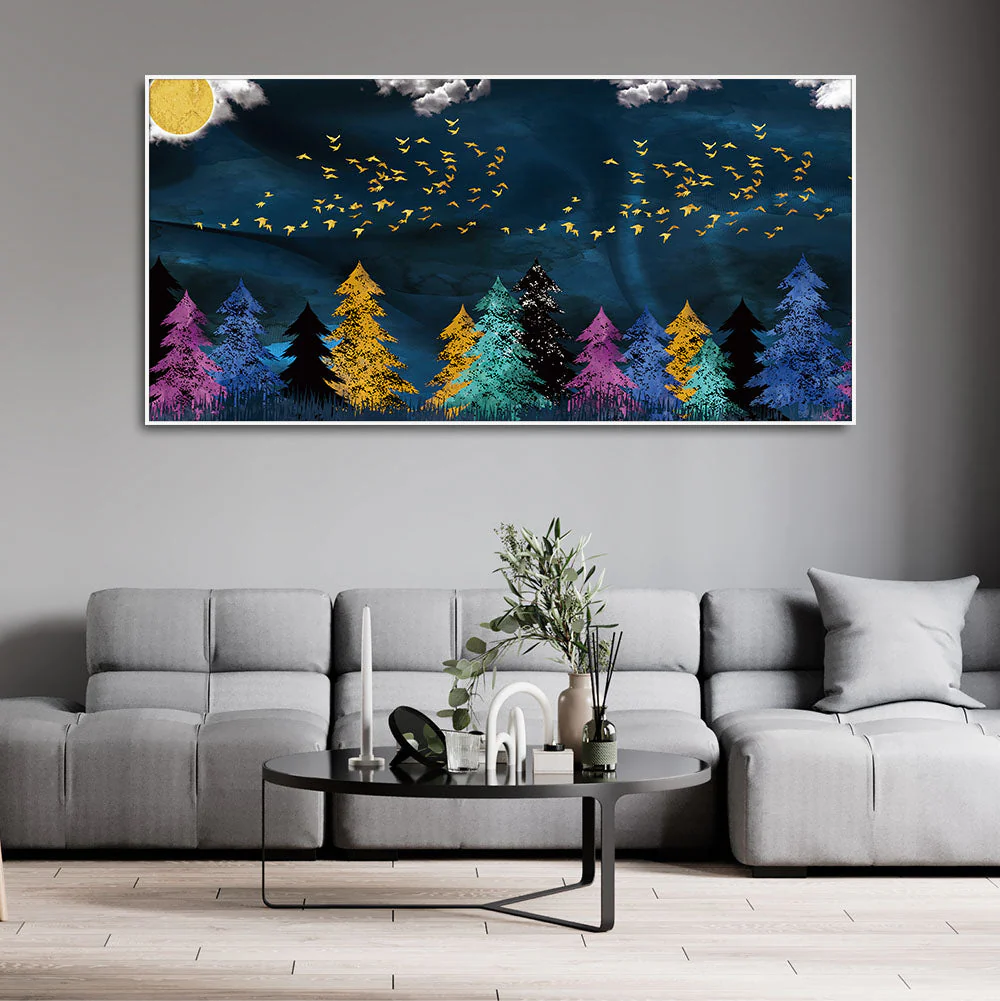 Premium Canvas Wall Painting of Golden Birds Flying over The Dark Forest - Image 3