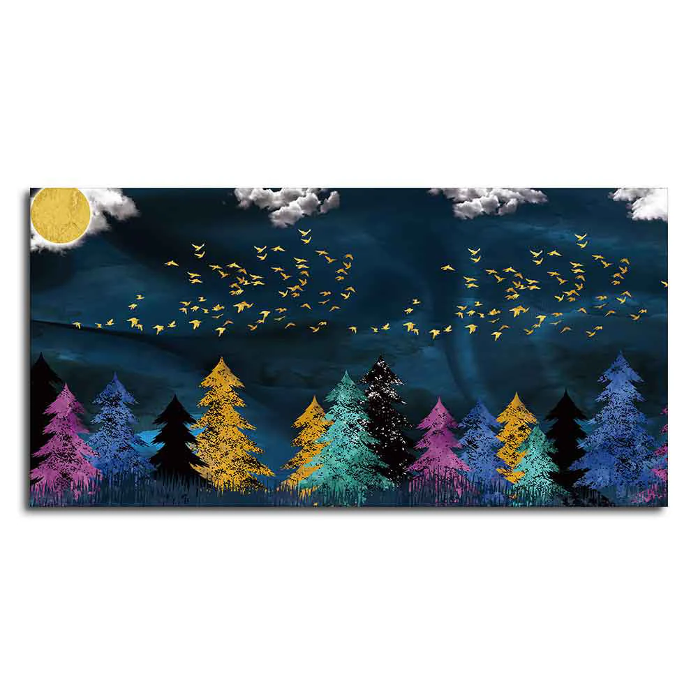 Premium Canvas Wall Painting of Golden Birds Flying over The Dark Forest - Image 4