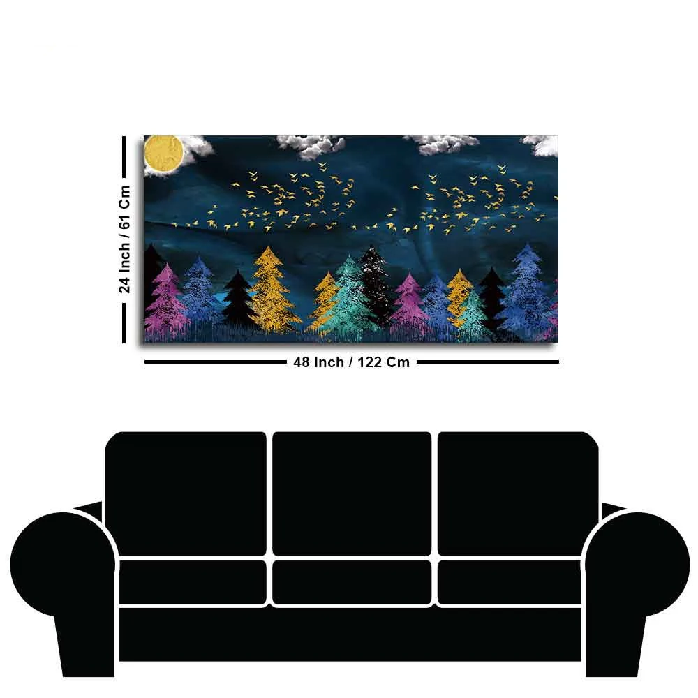 Premium Canvas Wall Painting of Golden Birds Flying over The Dark Forest - Image 7
