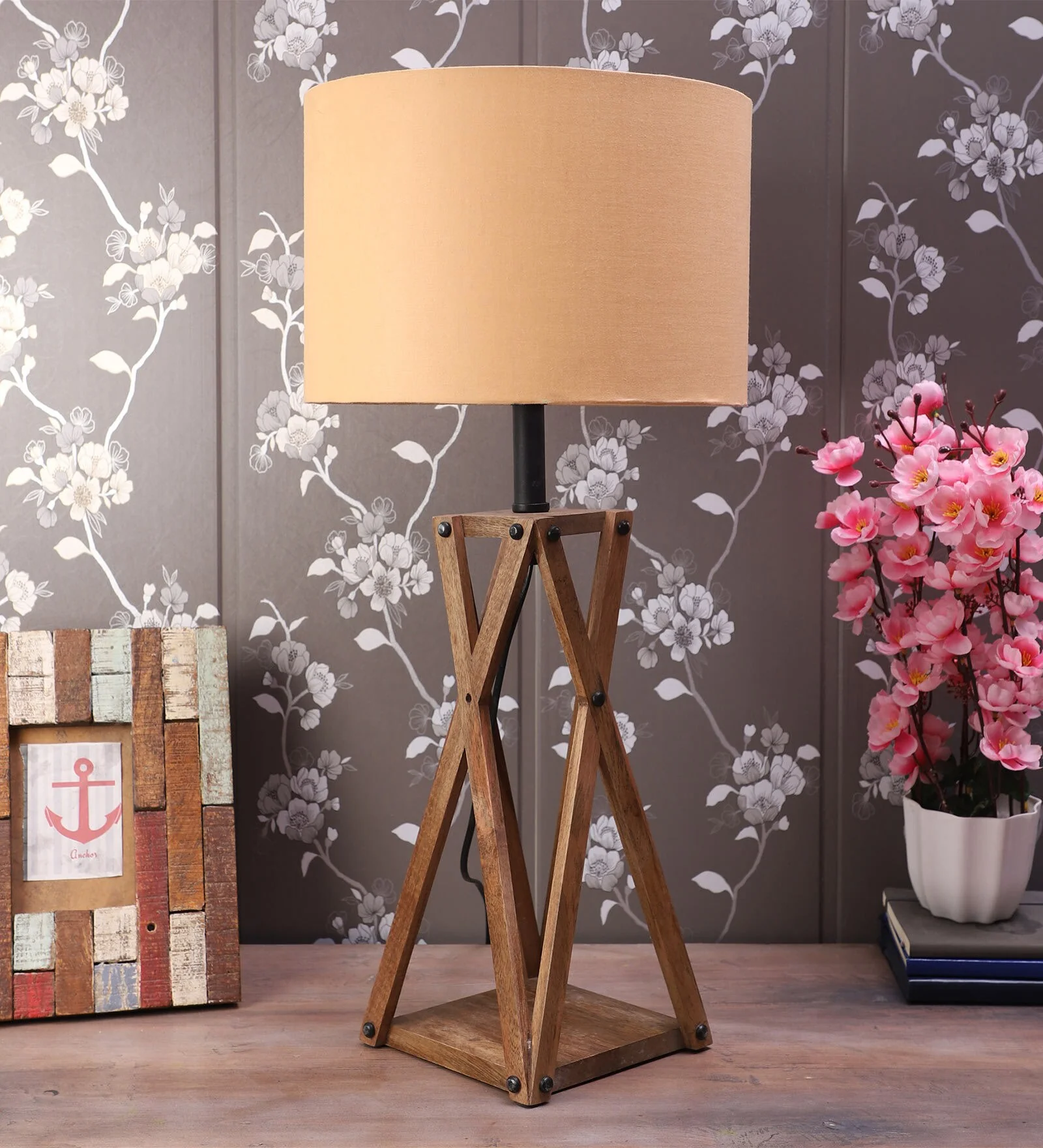 Premium Designer Vintage Beige Fabric Shade Table Lamp - Image 3