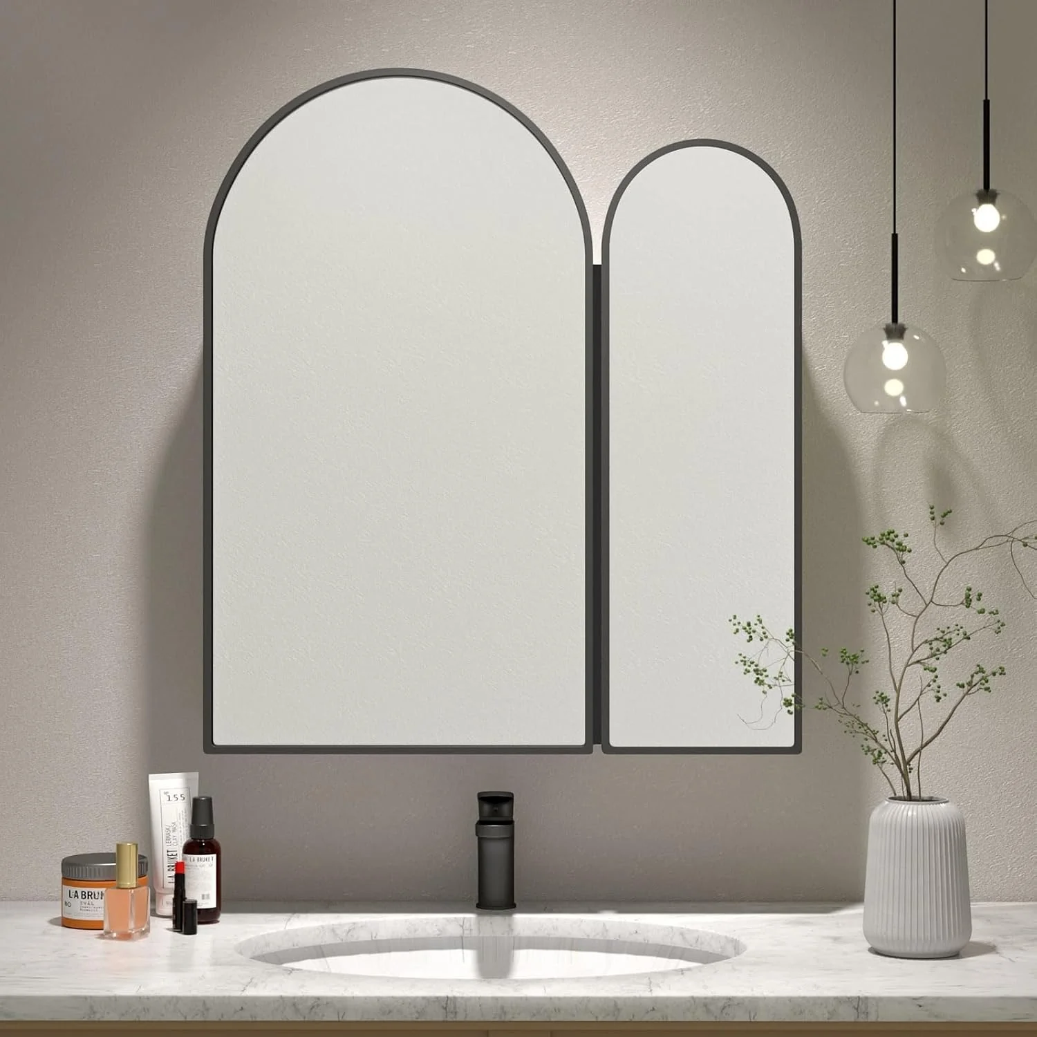 Premium Dual Arched Bathroom Storage Mirror with Black Finish - Image 2