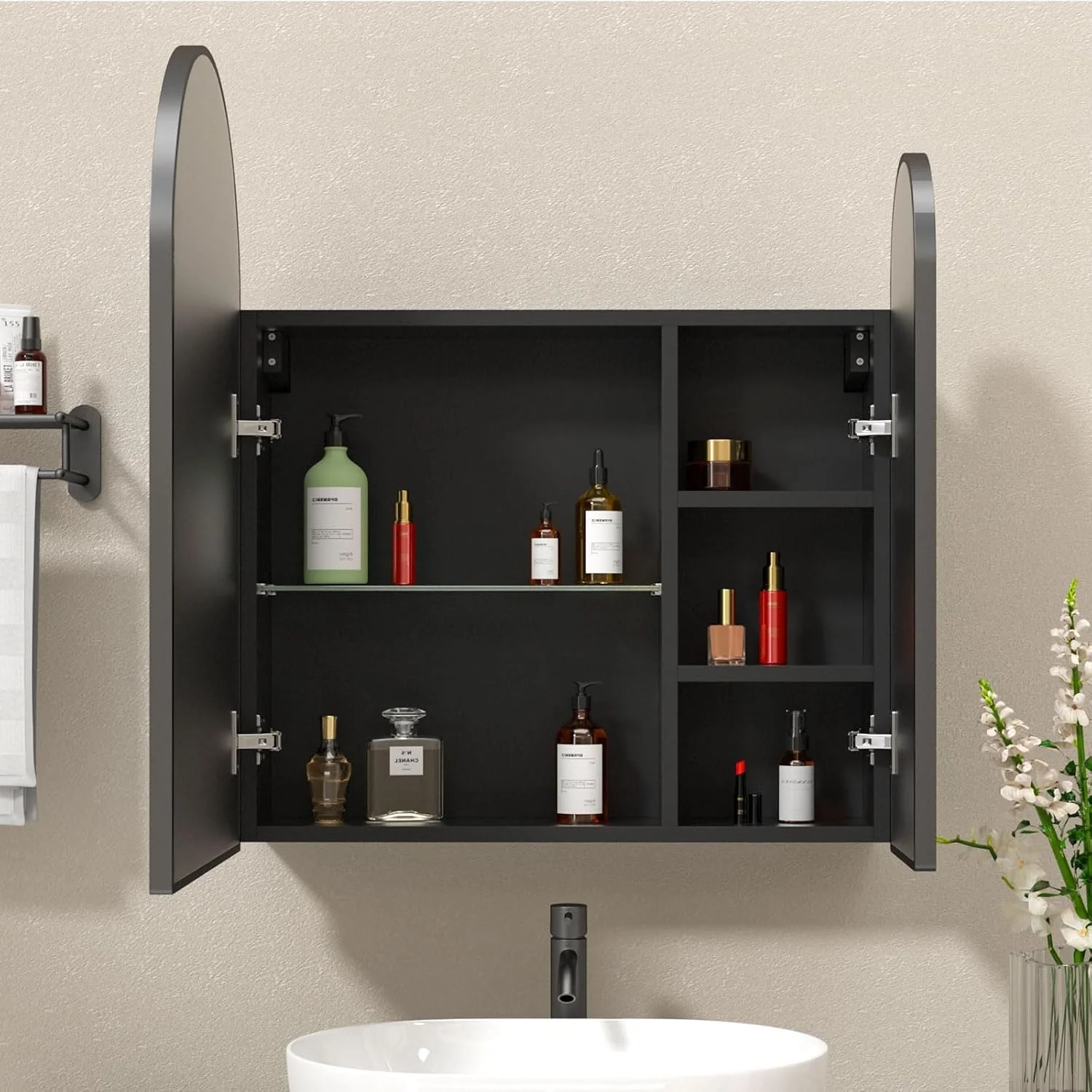 Premium Dual Arched Bathroom Storage Mirror with Black Finish - Image 3