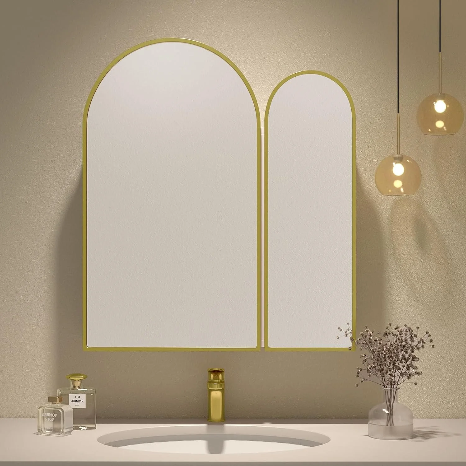 Premium Dual Arched Bathroom Storage Mirror with Golden Finish - Image 2