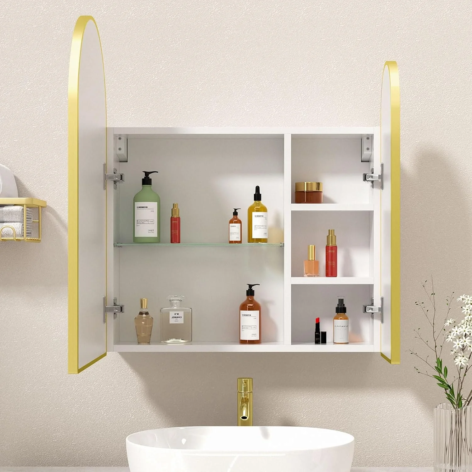 Premium Dual Arched Bathroom Storage Mirror with Golden Finish - Image 3