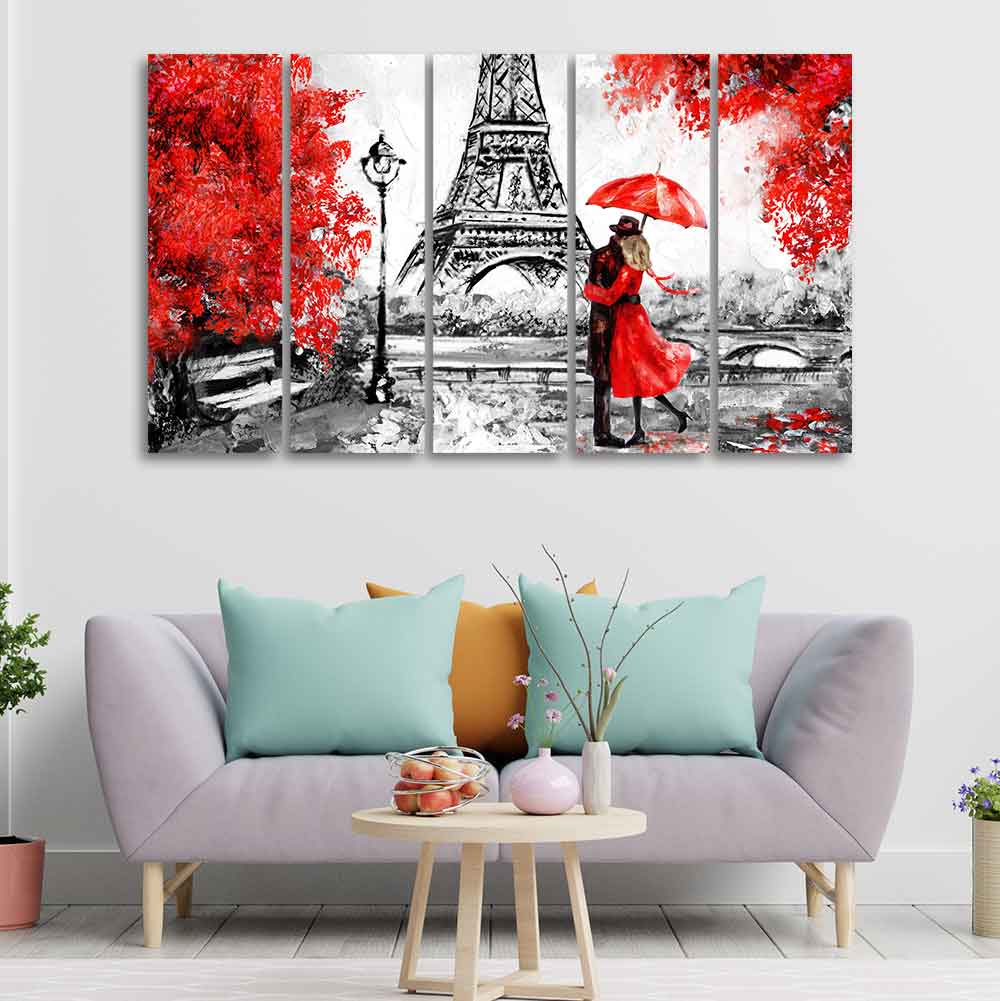 Premium Five Pieces Wall Painting of Couple Under an Umbrella - Image 2