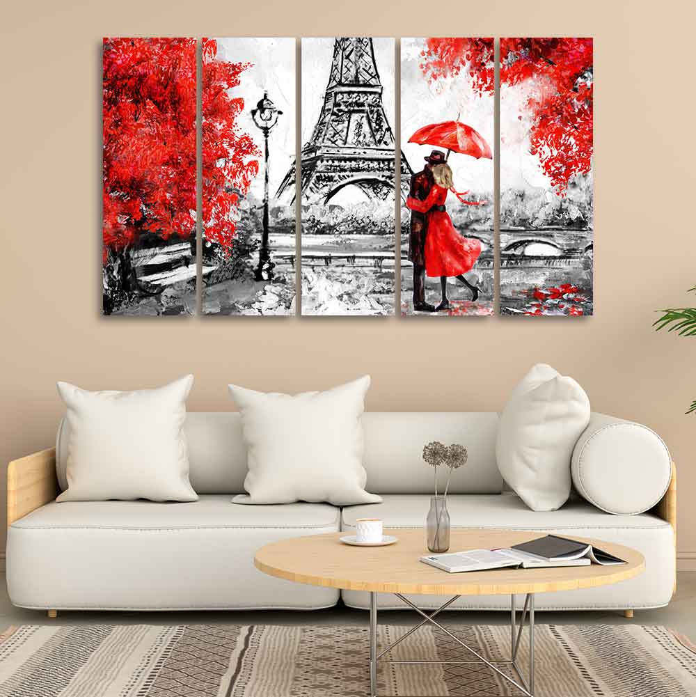 Premium Five Pieces Wall Painting of Couple Under an Umbrella - Image 3
