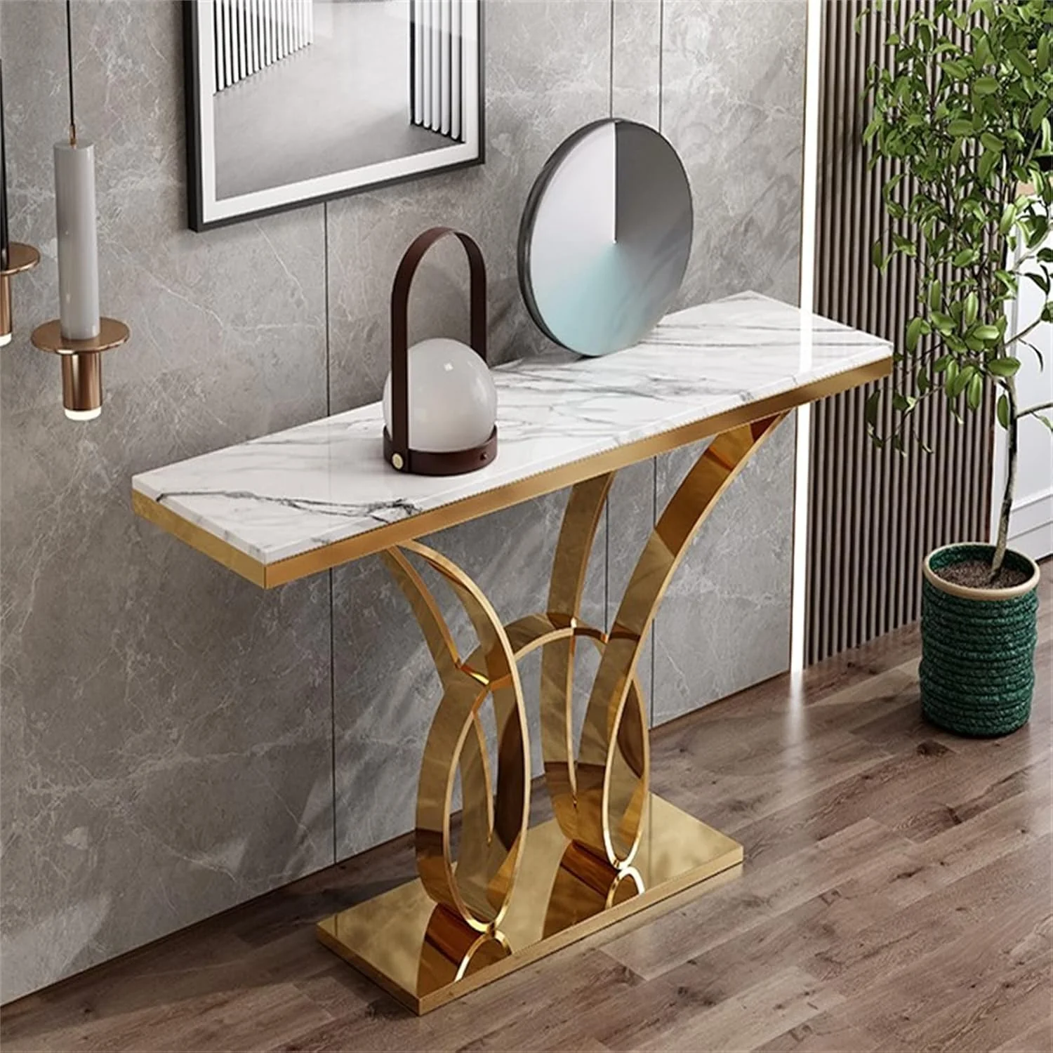 Premium Gold Frame Console Table Marble Finish for Home Decor - Image 3