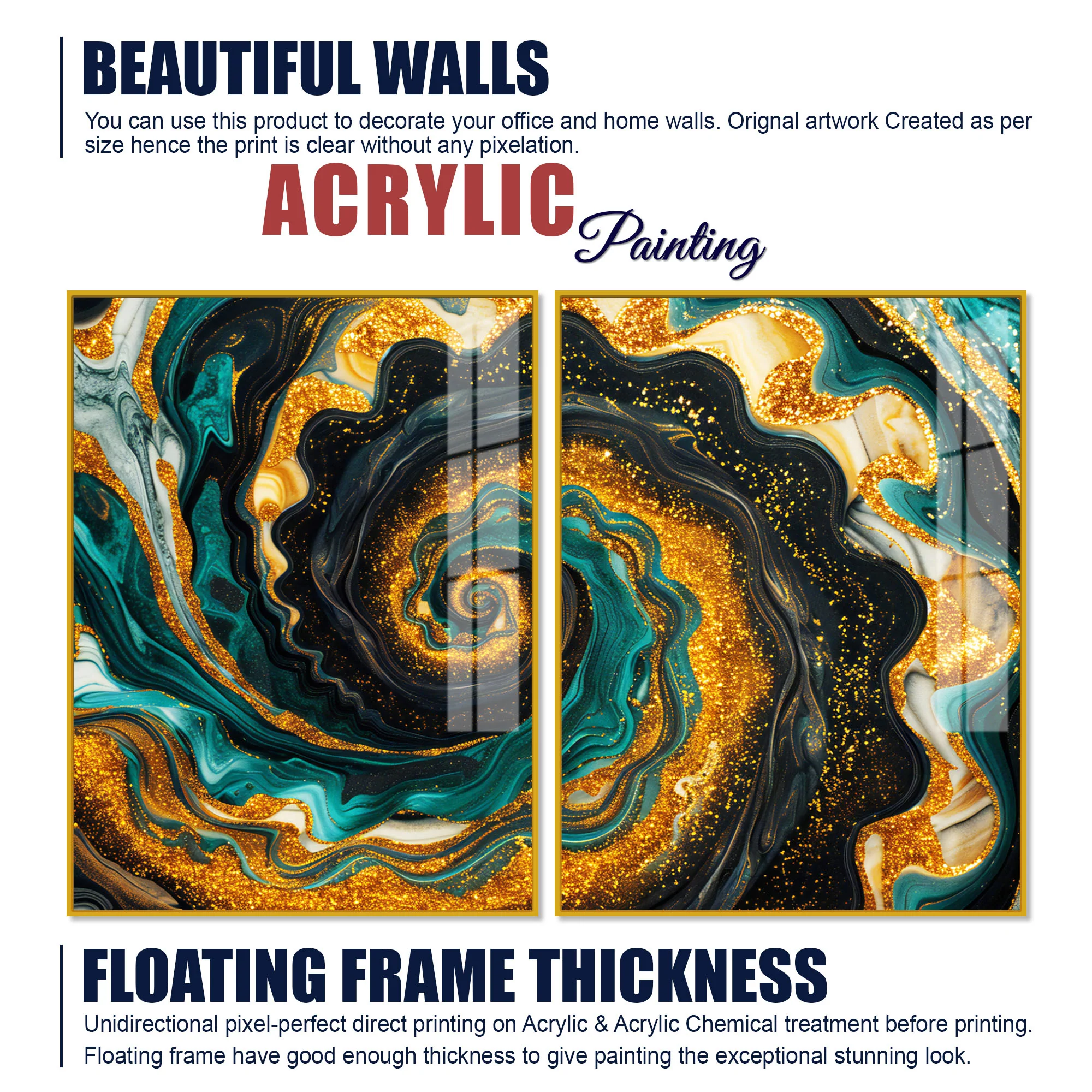 Premium Golden Crystal Circular Shape Acrylic Art Floating Wall Painting Set of 2 - Image 6