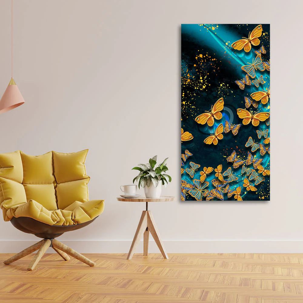 Premium Golden Flying Butterflies Canvas Wall Painting - Image 2