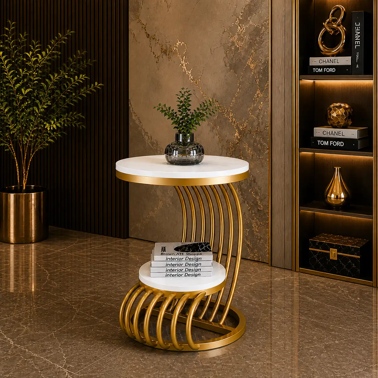 Premium Golden Metal Side Table with Storage Shelf - Image 4