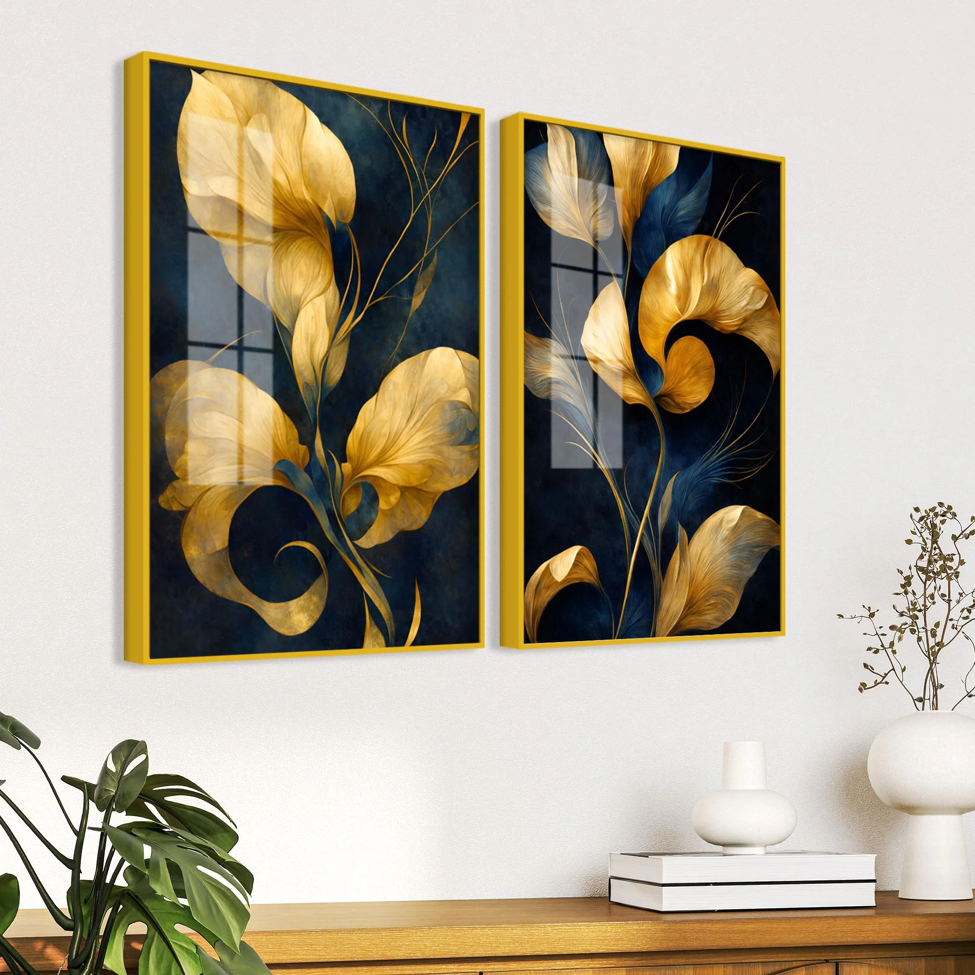 Premium Golden Petal Midnight Blue Acrylic Floating Wall Painting Set of 2 - Image 3