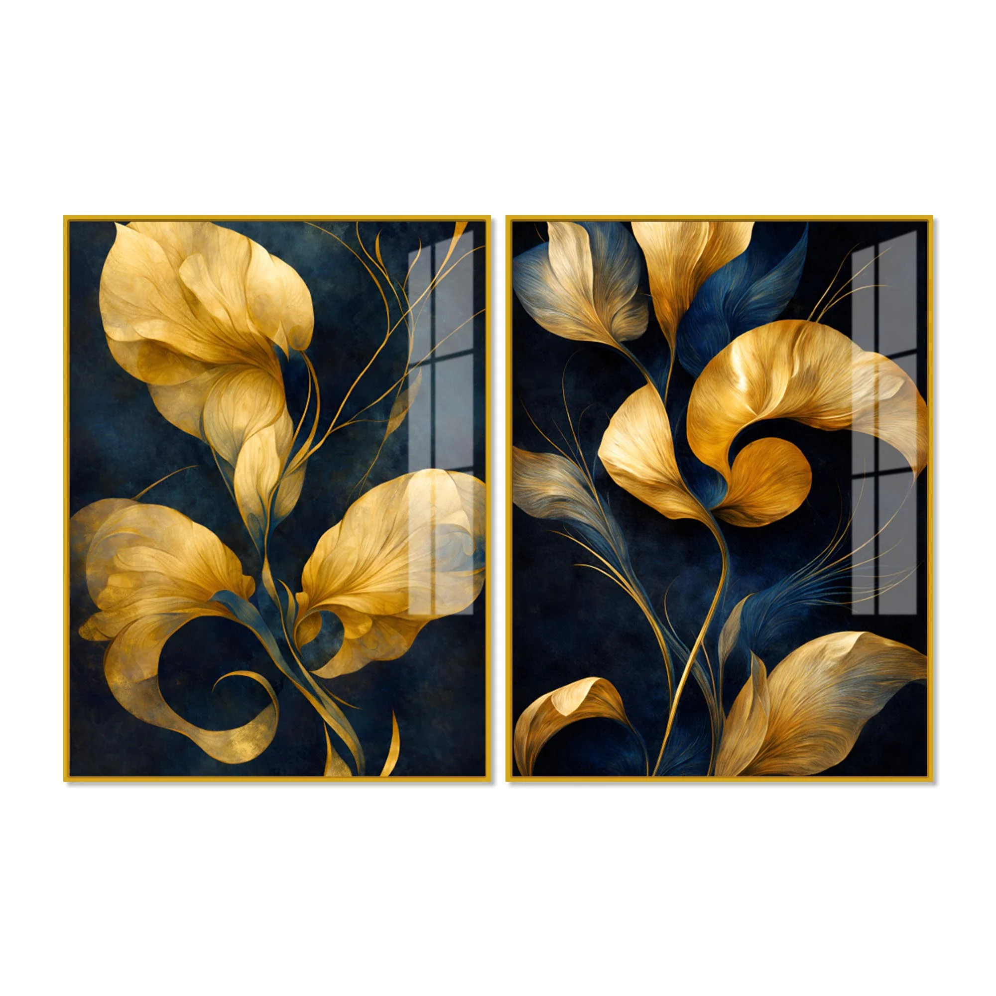Premium Golden Petal Midnight Blue Acrylic Floating Wall Painting Set of 2 - Image 4