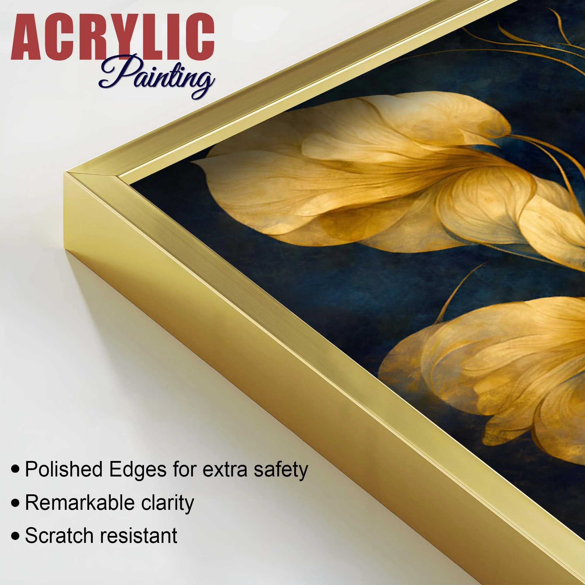 Premium Golden Petal Midnight Blue Acrylic Floating Wall Painting Set of 2 - Image 5
