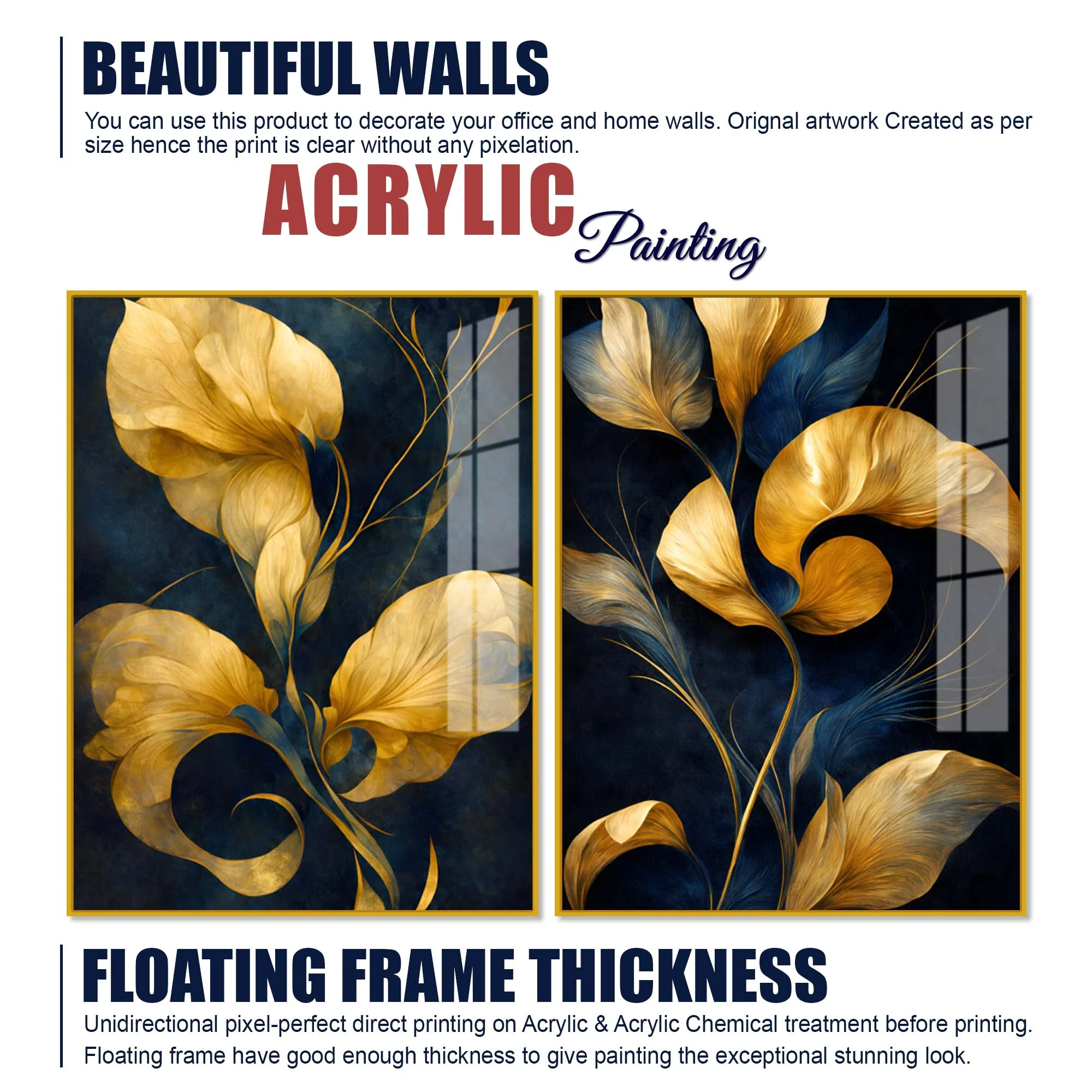 Premium Golden Petal Midnight Blue Acrylic Floating Wall Painting Set of 2 - Image 6