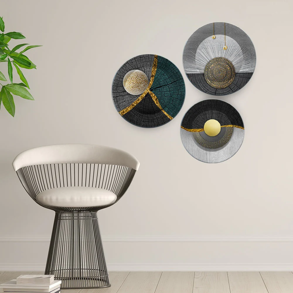 Premium Golden Textured Art Wall Plates Set of 3 - Image 2