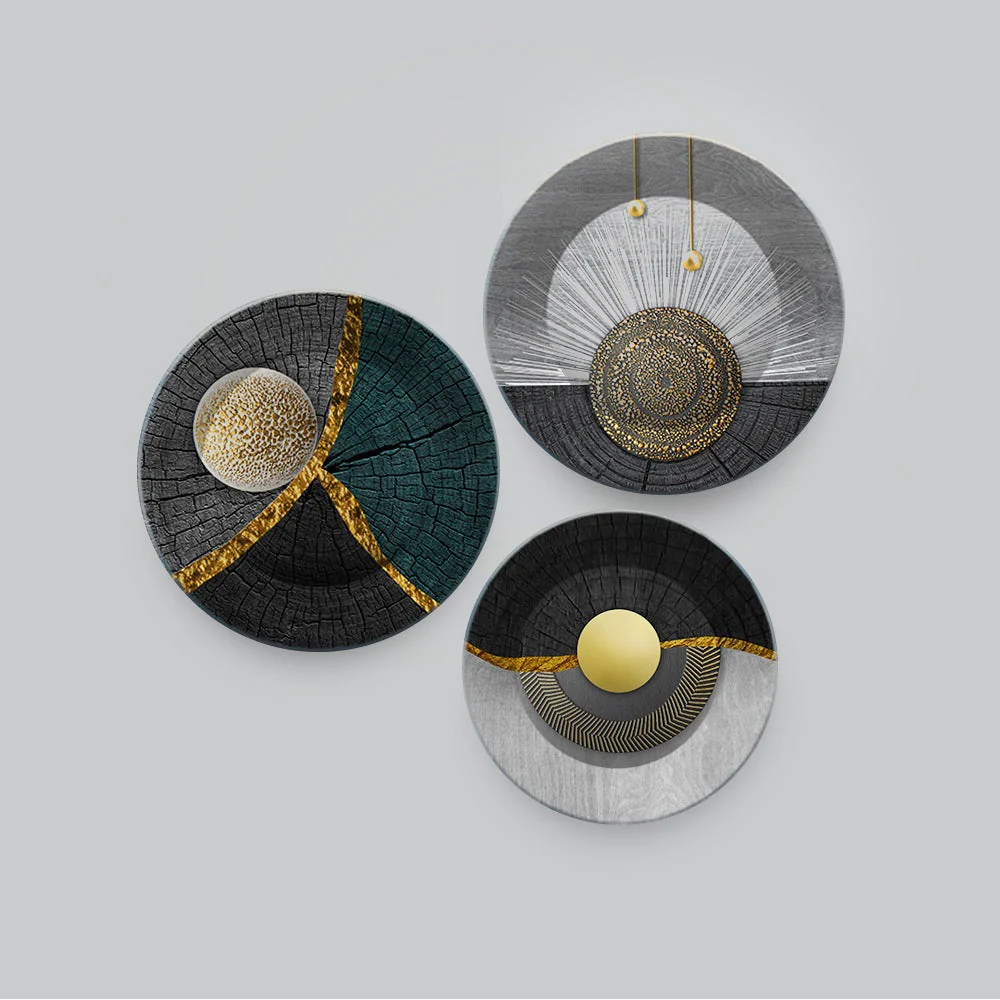 Premium Golden Textured Art Wall Plates Set of 3 - Image 3