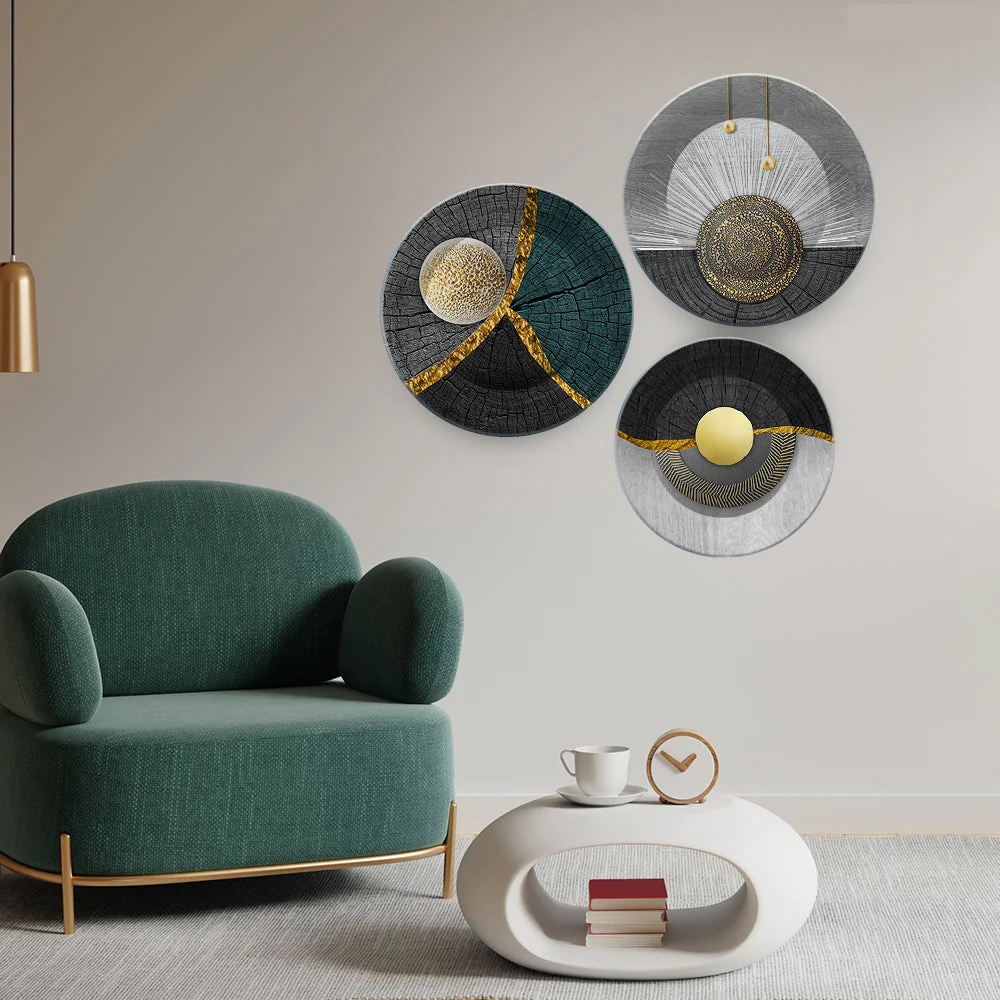Premium Golden Textured Art Wall Plates Set of 3 - Image 4