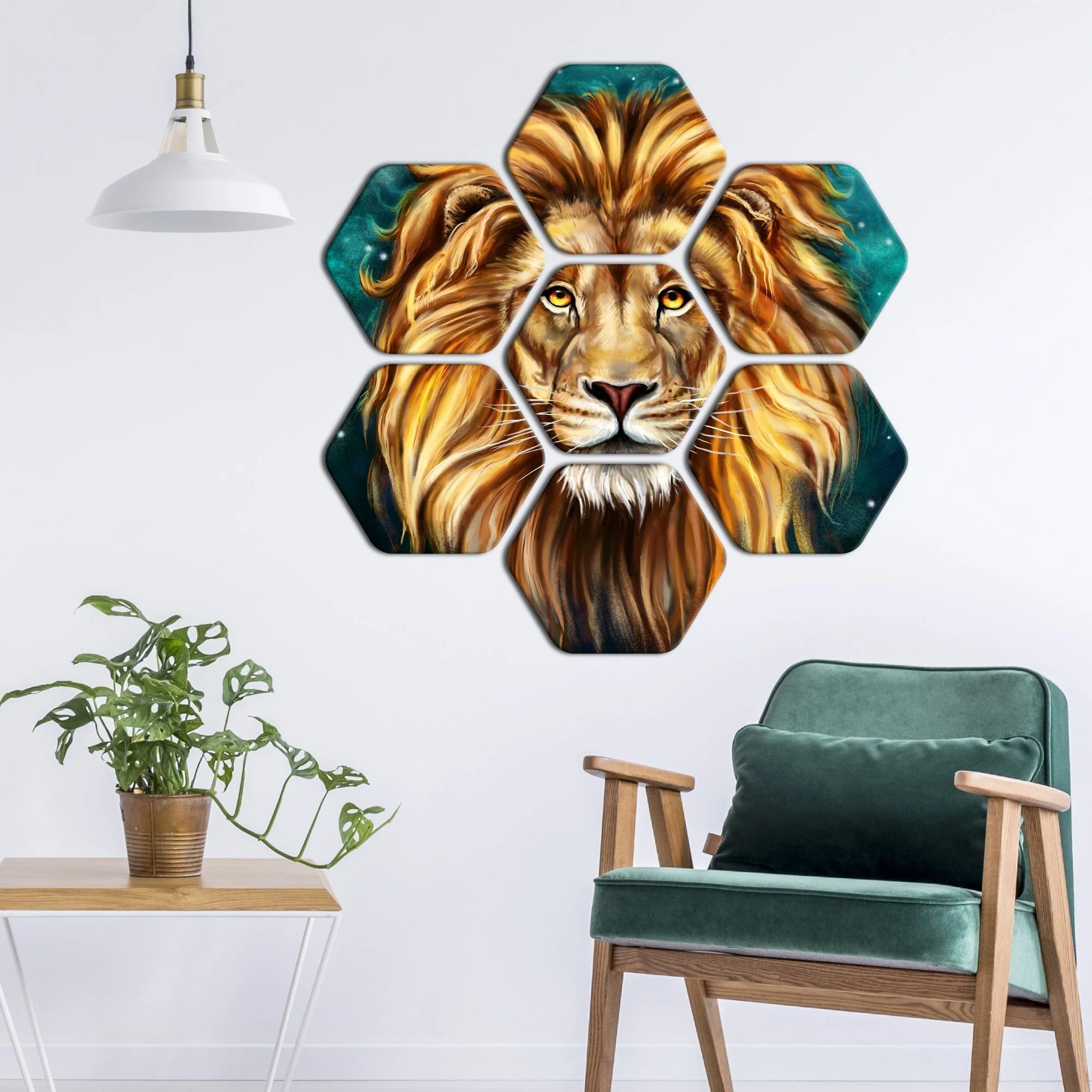 Premium Hexagon Painting of Lion's Face Set of 7 - Image 2