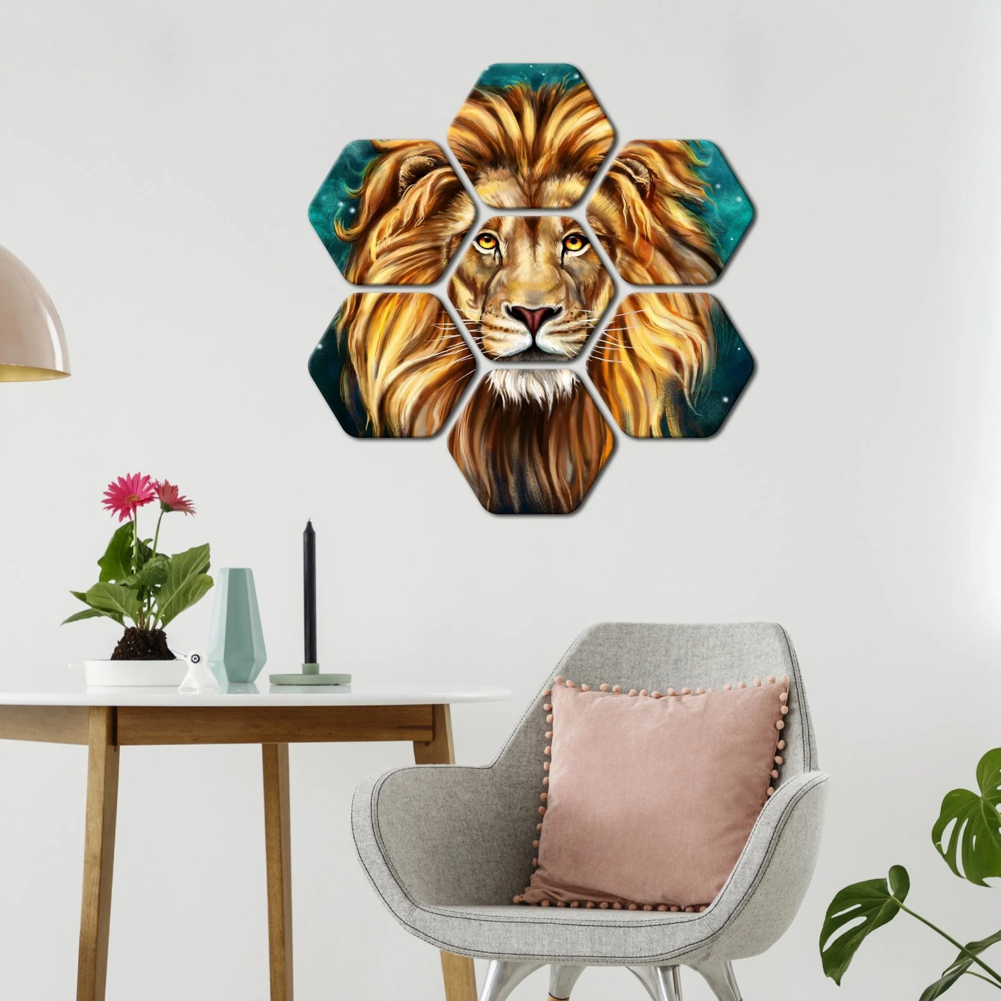 Premium Hexagon Painting of Lion's Face Set of 7 - Image 3