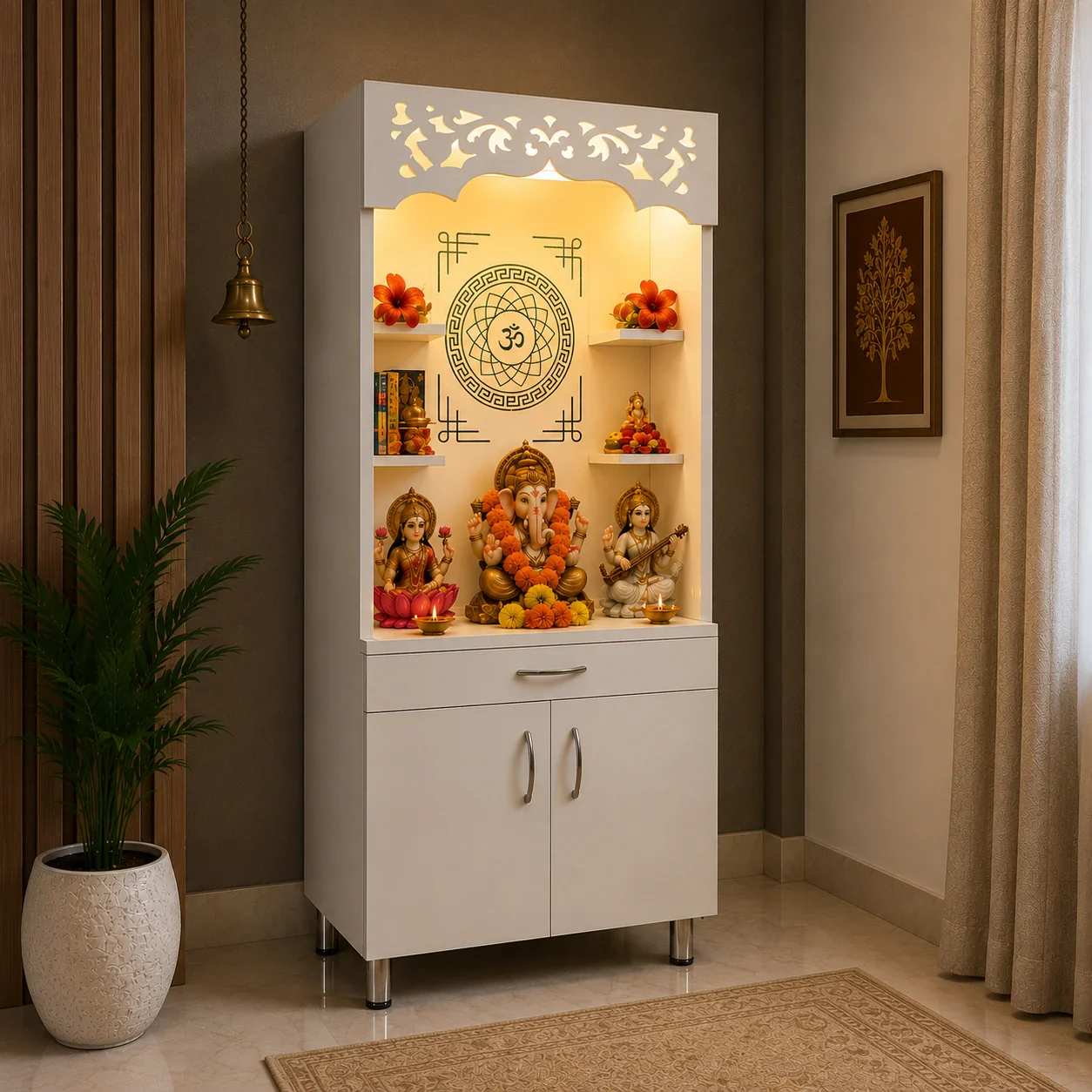 Premium Home Temple with Storage Drawers, Side Shelves and LED Panel - Image 3