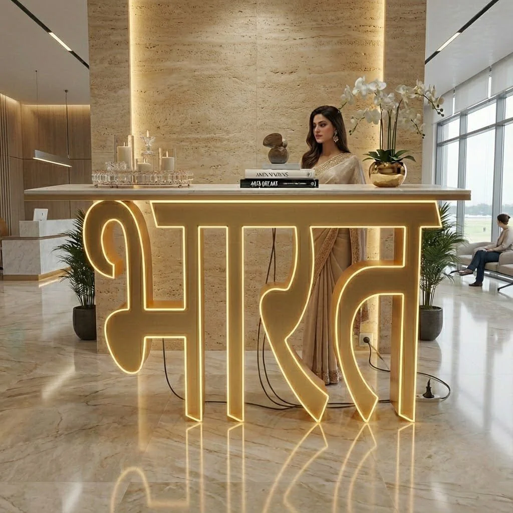 Premium LED Reception Desk with Bharat Art for Modern Spaces (SS 302) - Image 3