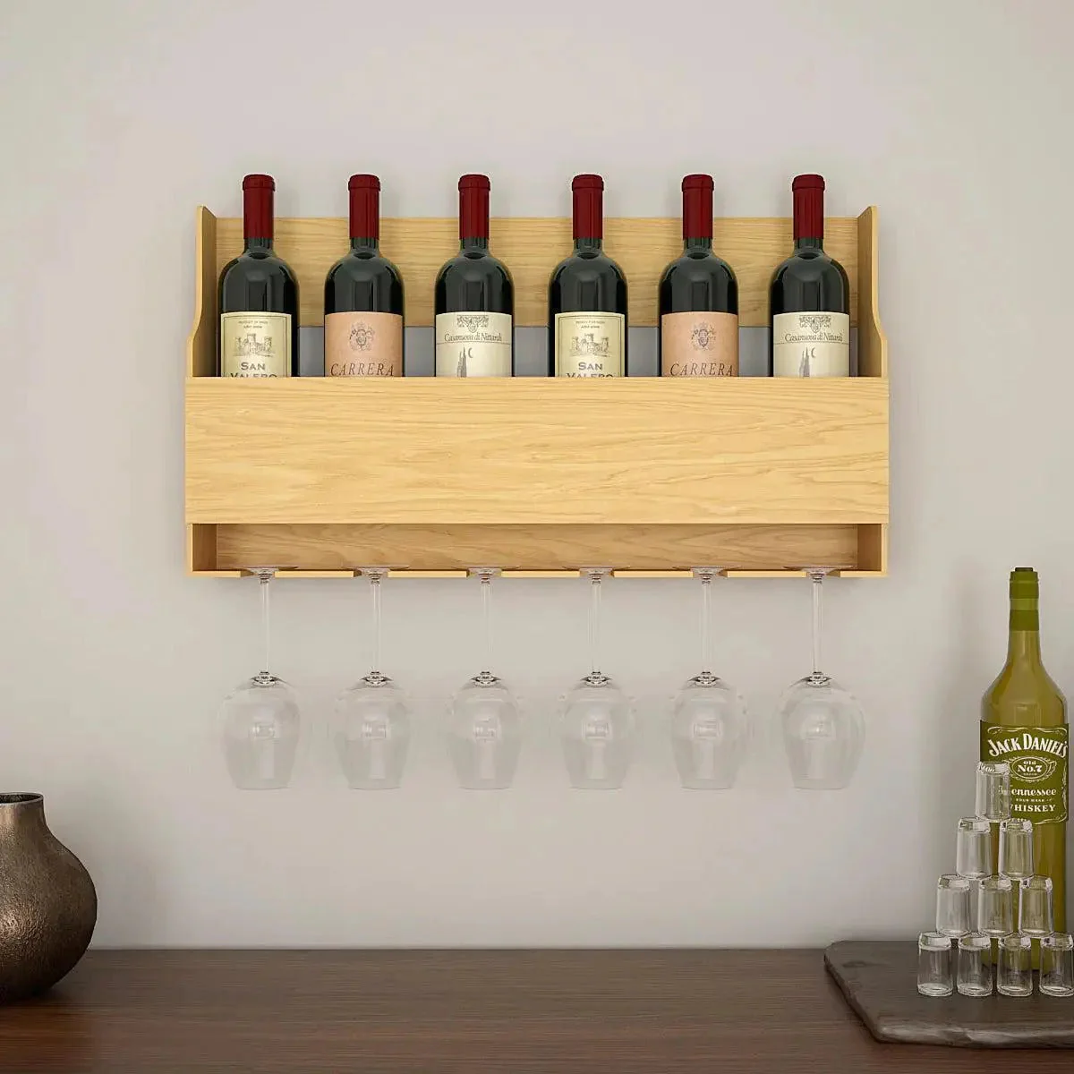 Premium Look Backlit MDF Mini Bar Wall Shelf in Light Oak Finish - Image 2