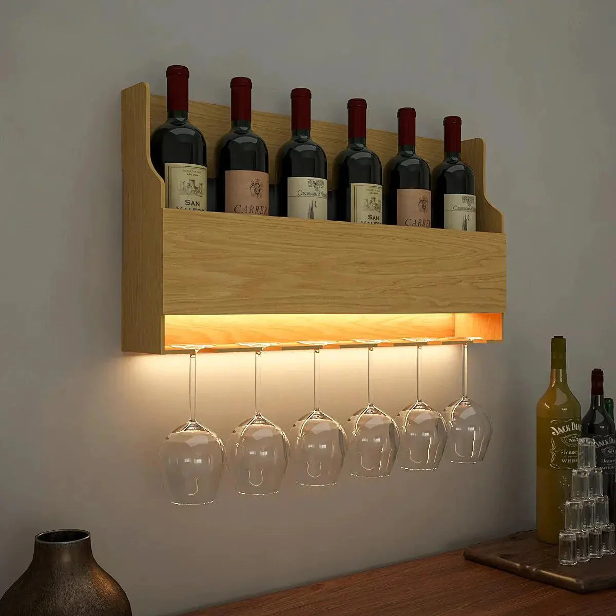 Premium Look Backlit MDF Mini Bar Wall Shelf in Light Oak Finish - Image 3