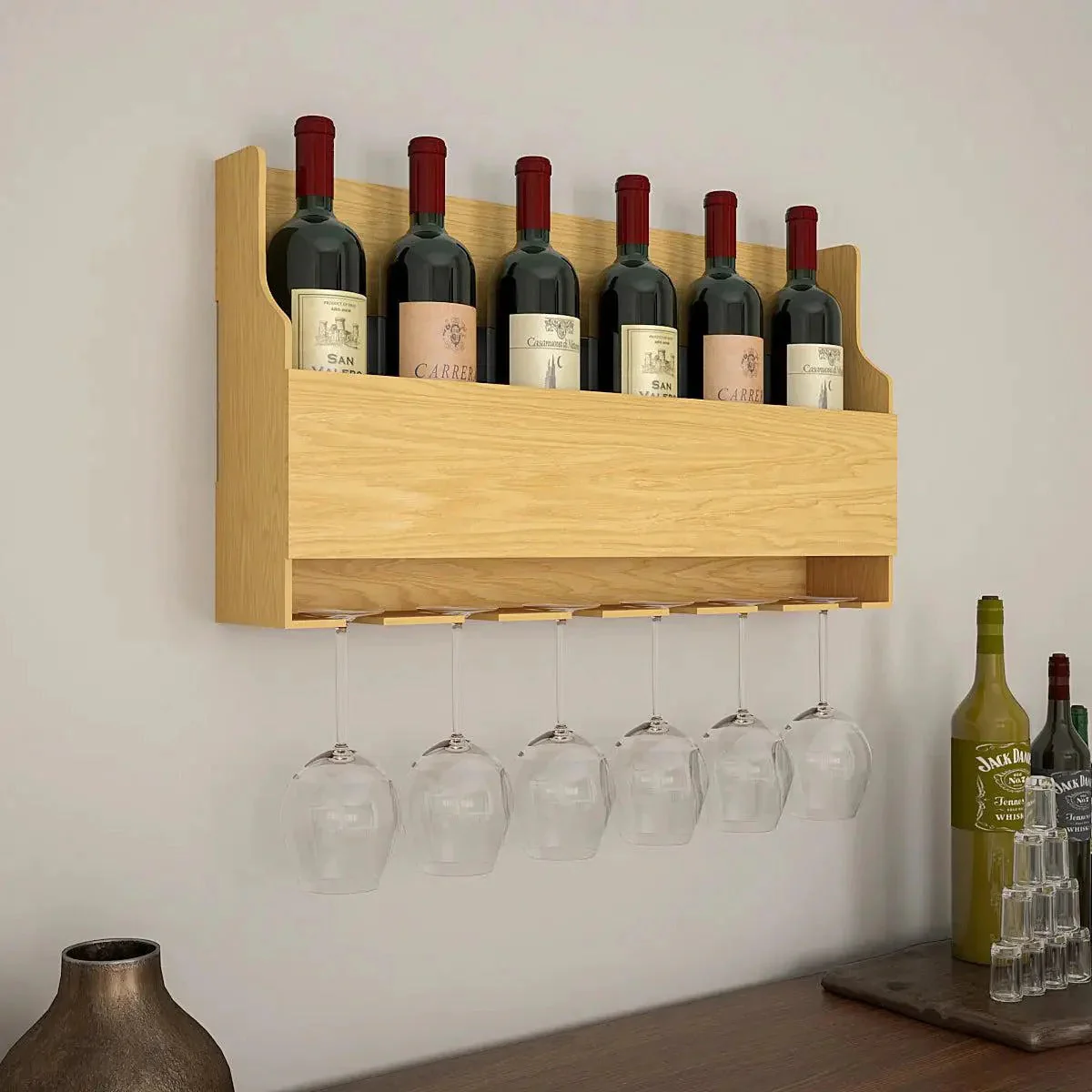 Premium Look Backlit MDF Mini Bar Wall Shelf in Light Oak Finish - Image 4