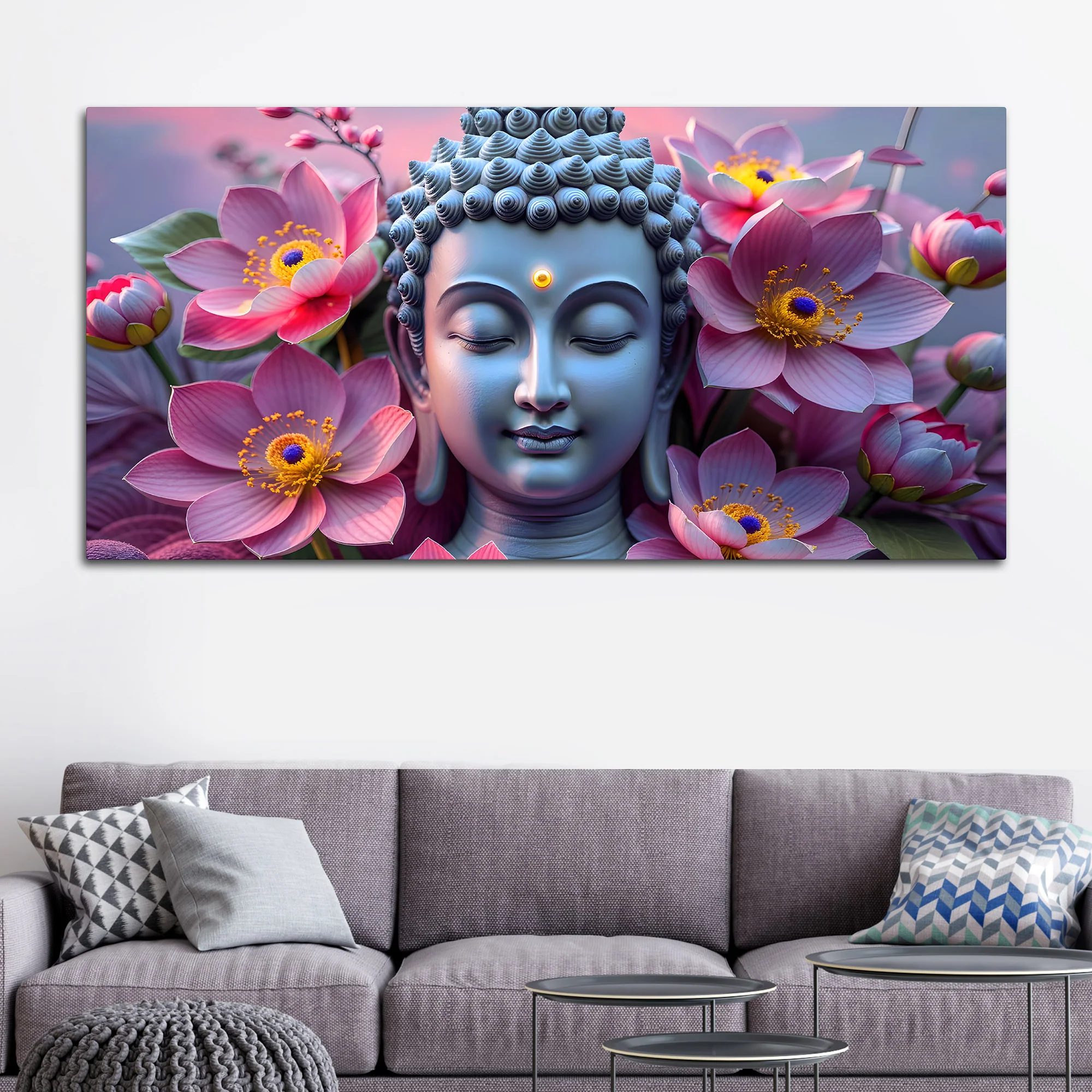 Premium Lord Buddha Wall Painting with Floral Background - Image 3