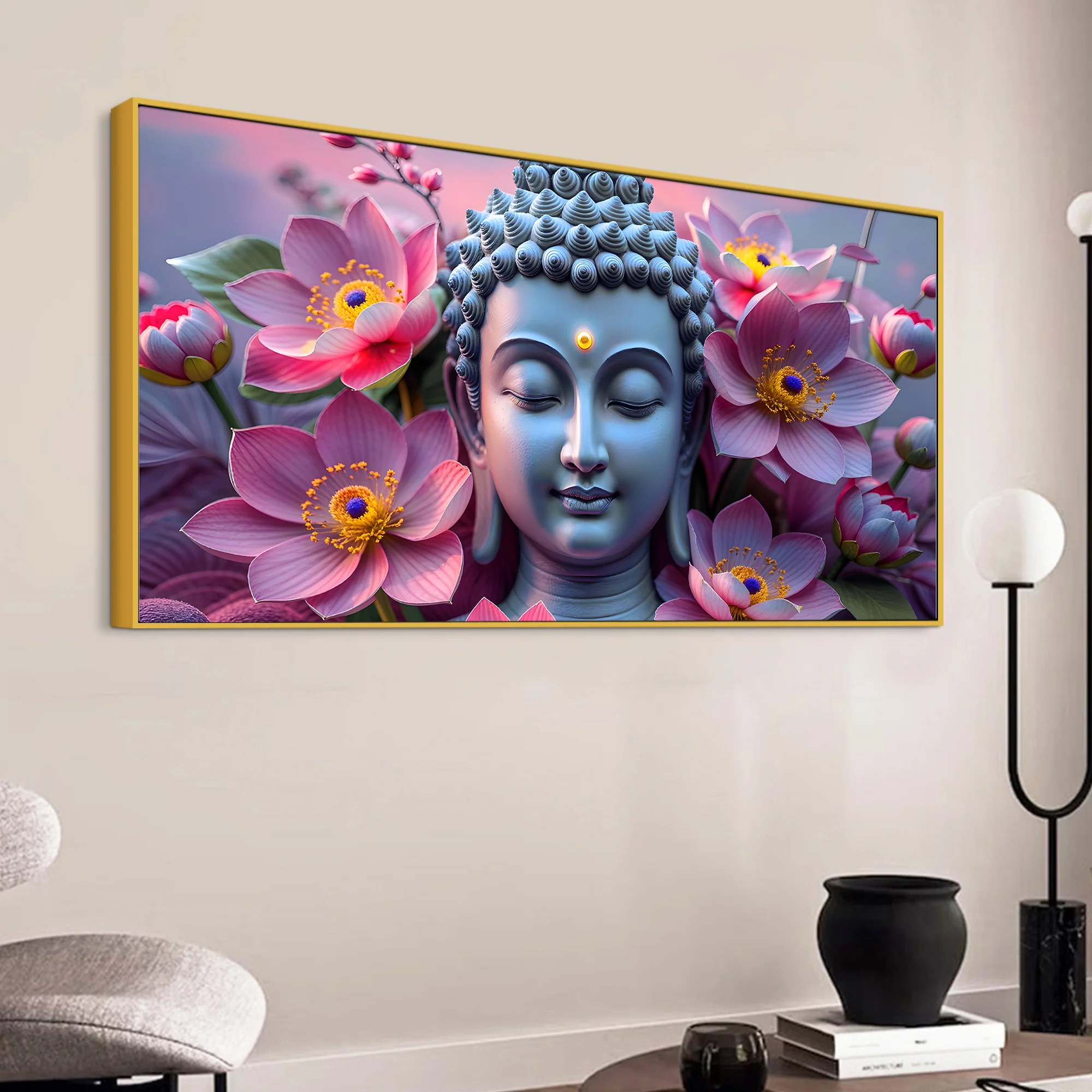 Premium Lord Buddha Wall Painting with Floral Background - Image 5