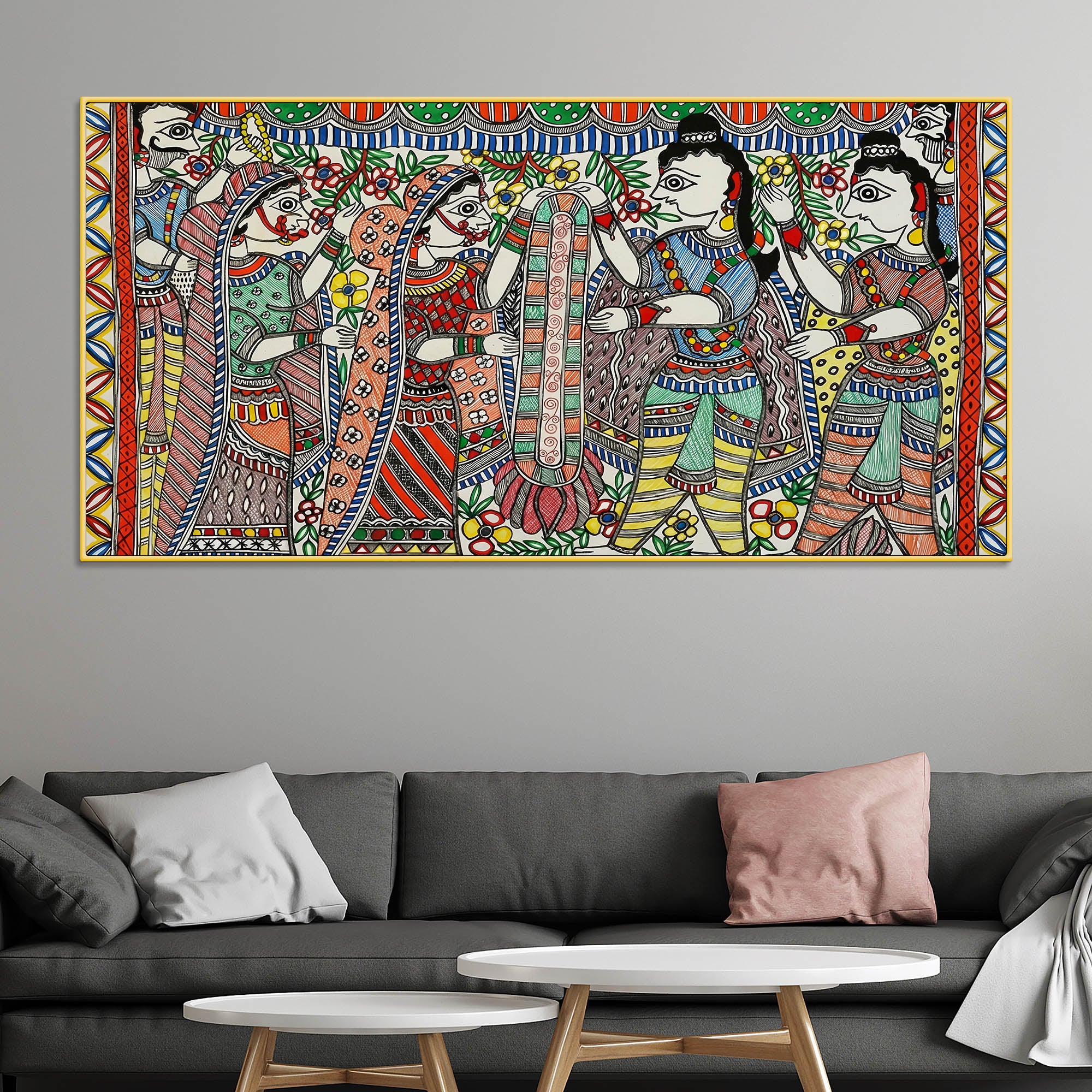 Premium Madhubani Ram Sita Marriage Canvas Wall Painting Religious Artwork