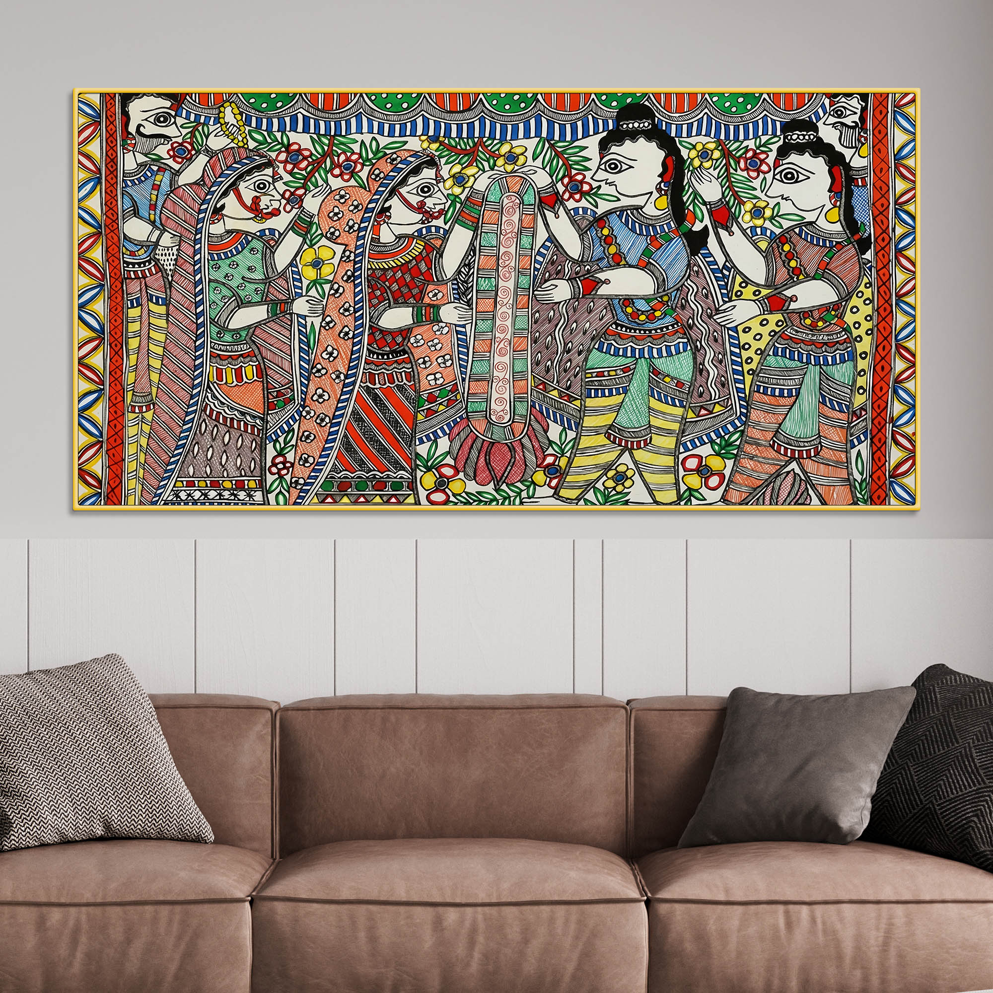 Premium Madhubani Ram Sita Marriage Canvas Wall Painting Religious Artwork - Image 2