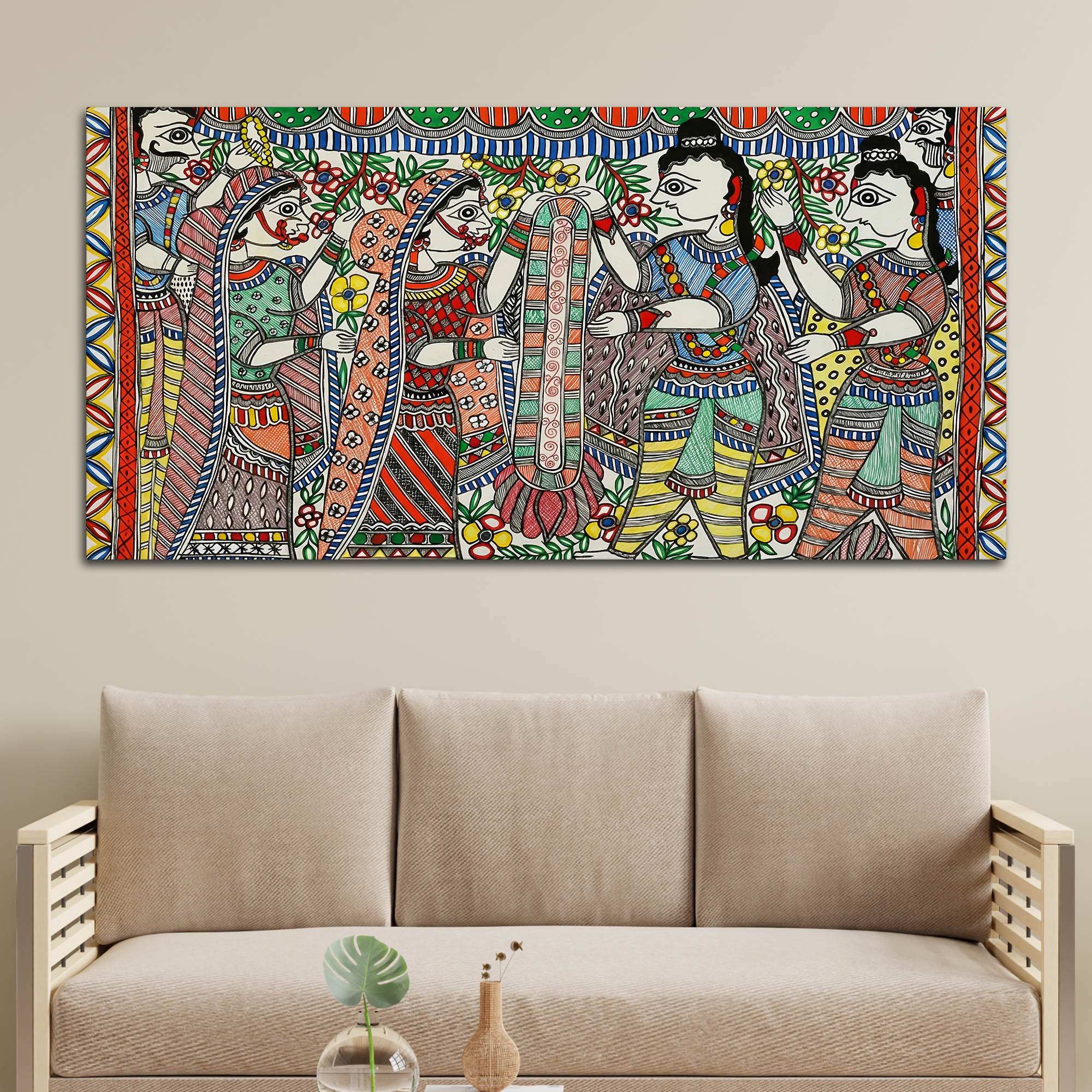 Premium Madhubani Ram Sita Marriage Canvas Wall Painting Religious Artwork - Image 3