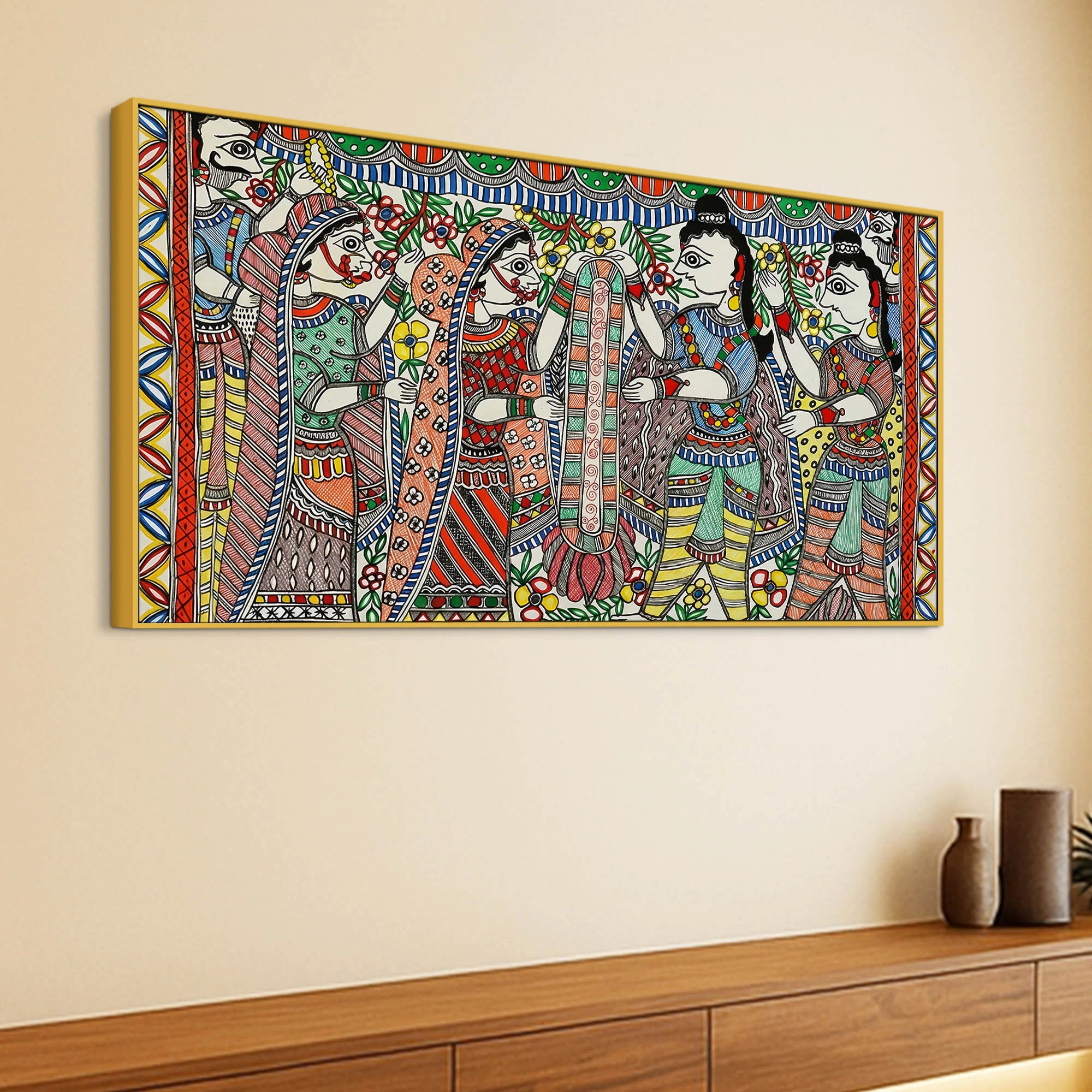 Premium Madhubani Ram Sita Marriage Canvas Wall Painting Religious Artwork - Image 5