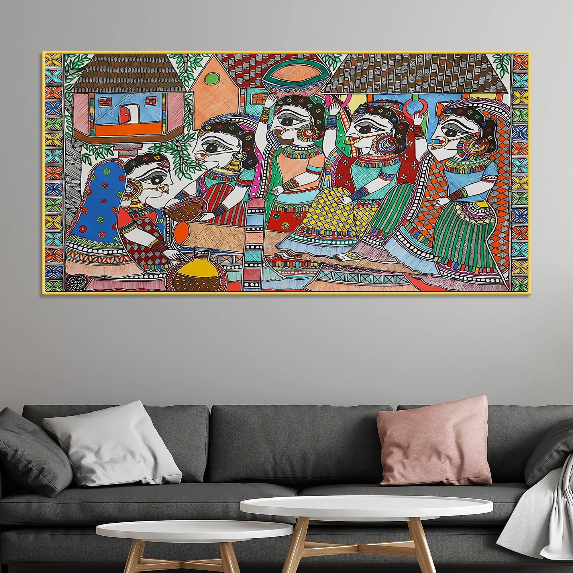 Premium Madhubani Rural Life Canvas Painting - Image 2
